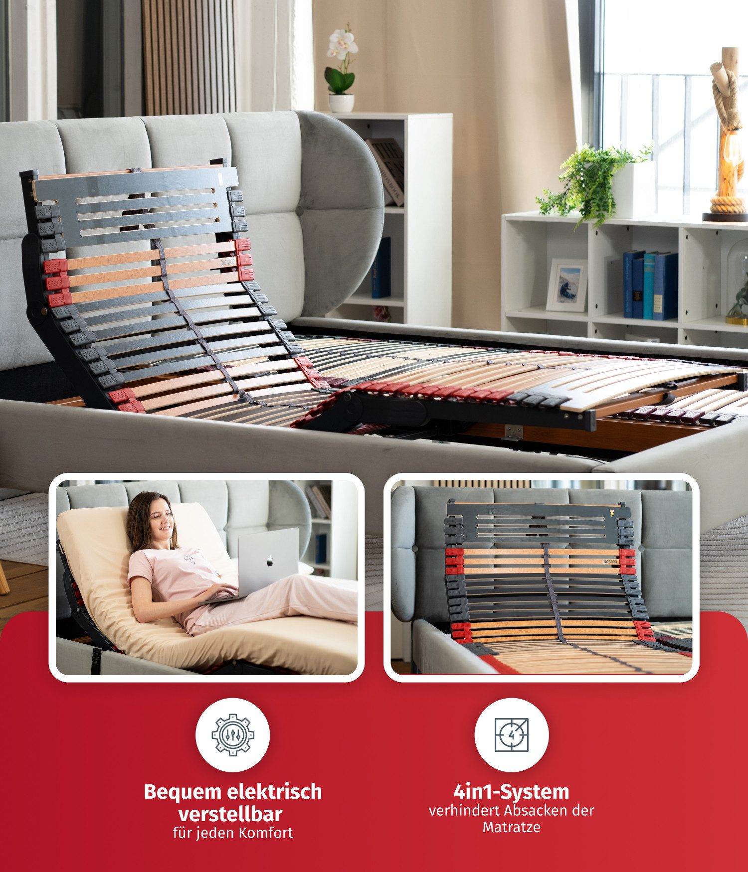 Lattenrost Rhodos EcoMove elektrisch verstellbar, FMP Matratzenmanufaktur, Kopfteil motorisch verstellbar, Fußteil motorisch verstellbar, Der platzsparende Elektrolattenrost für Betten mit Bettkästen