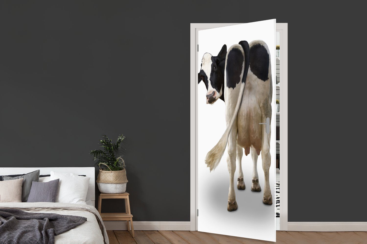 Fototapete hinten Türtapete Kamera von MuchoWow Matt, für die St), (1 Kuh bedruckt, 75x205 auf schaut Tür, Hintergrund, Türaufkleber, in weißem cm