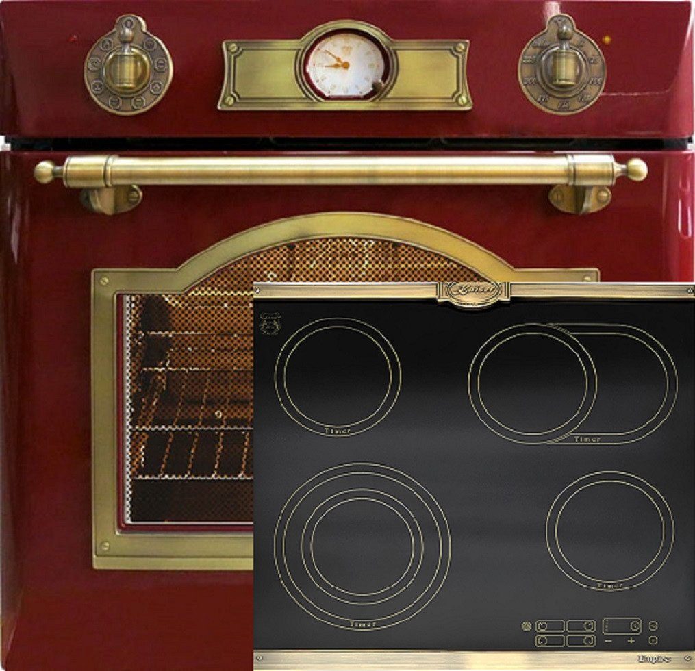 Kaiser Küchengeräte Backofen-Set Herd Set Autark Elektro Backofen, Selbstreinigung, Drehspieß, 8 Funktionen mit Glaskeramik Kochfeld 60 cm Einbau Herd 4 QuickHeat-Kochzonen Hi-Light EH 6355 RotEm+KCT 6185 Em..., mit 1-fach-Teleskopauszug