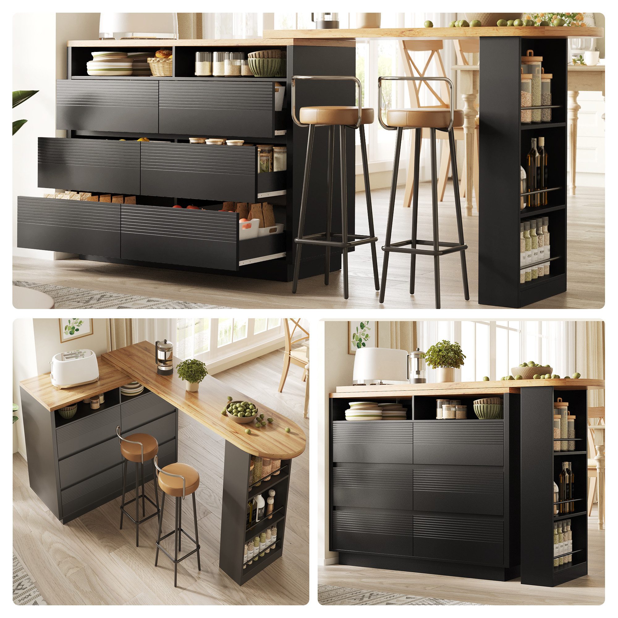 i@home Bartisch Ausziehbarer Sieborad mit Stauraum(137-215×39×102.3cm) (1 Tisch), Teleskopischer Tisch mit 6 Schubladen, Kücheninsel, Schwarz