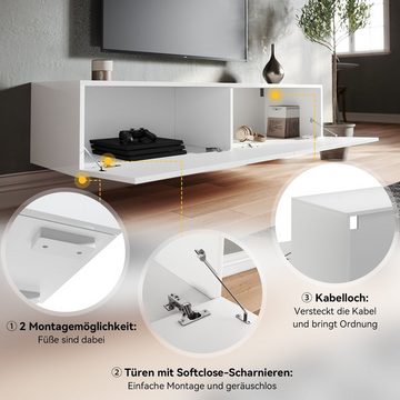 SONNI Lowboard Breite 140cm,TV Board,Hängend,Hochglanz,Weiß,140x40x30cm