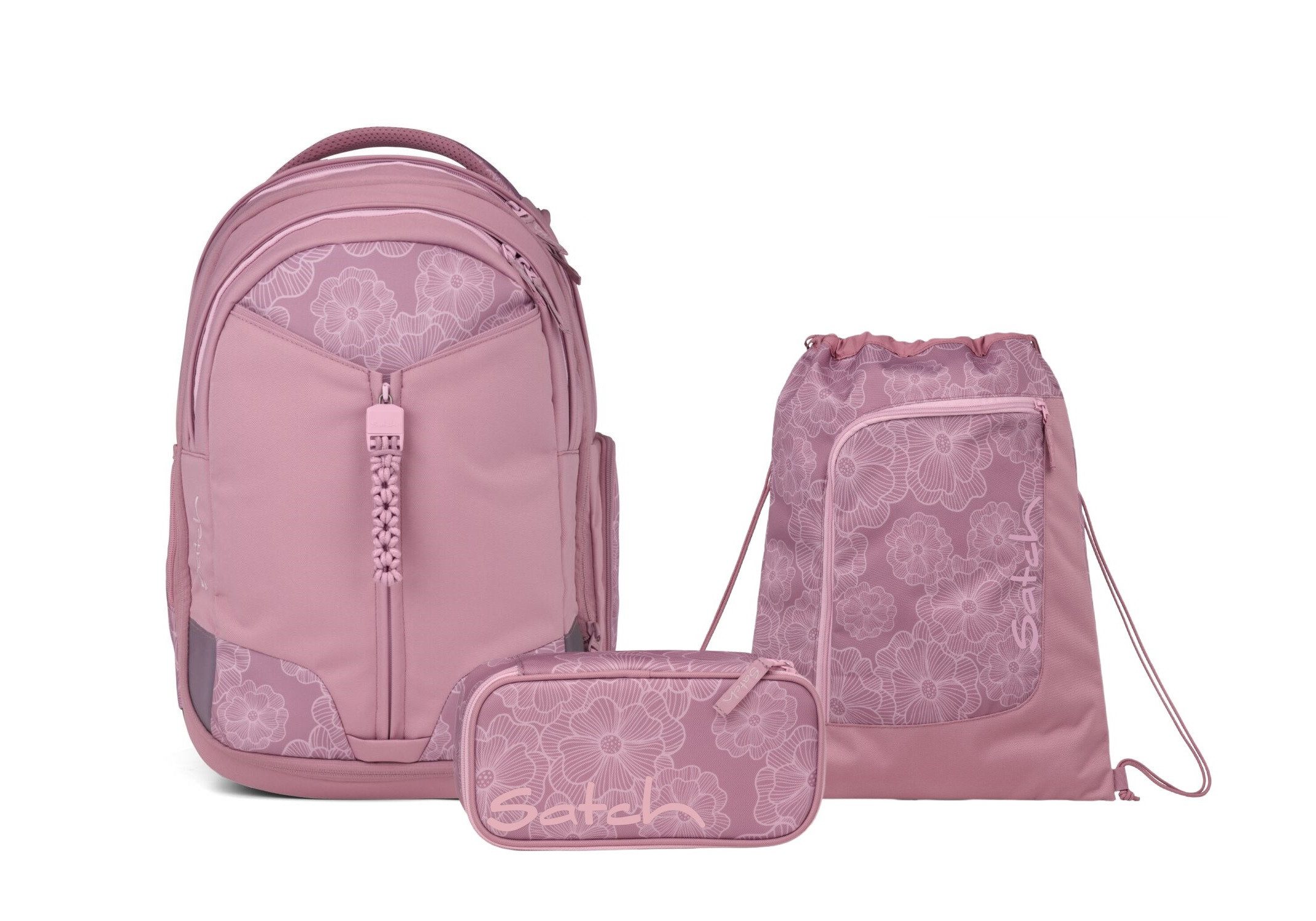 Satch Schulranzen Schulrucksack-Set MATCH Magnolia Dream 3-teilig (3-teilig), Schulranzen, ergonomisch, 30 + 5 Liter, 4 Fächer