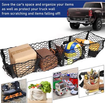 BlingBin Auto-Rückenlehnentasche LKW Bett Frachtnetz 120x30cm 4 Taschen Kofferraum (1er Set, 1-tlg), Lebensmittel Aufbewahrungsnetz für Kofferraum