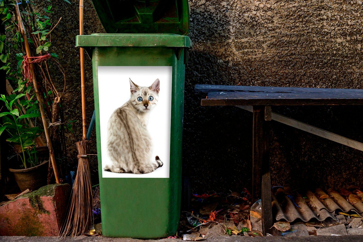 Mülleimer-aufkleber, auf Bengalische Wandsticker weißem MuchoWow (1 Sticker, Abfalbehälter Hintergrund Mülltonne, Container, Katze St),