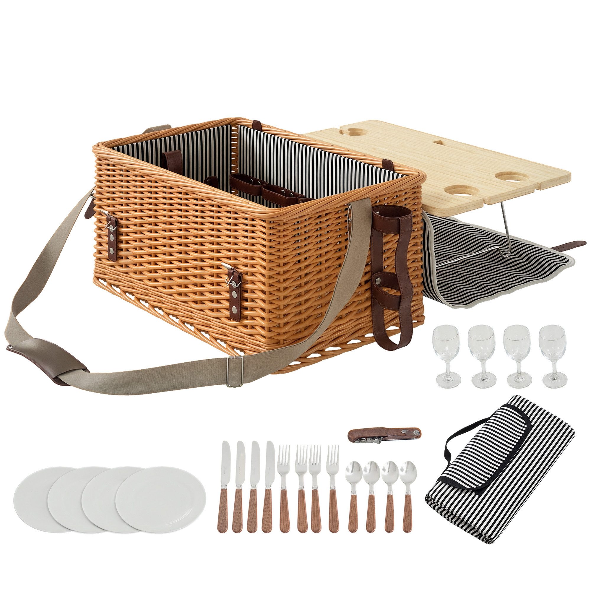 Outsunny Picknickkorb mit Picknickdecke, Besteck Set, Flascheöffner, Picknicktisch (Picknick Set für 4 Personen, 1 St., Picknickkoffer aus Weidenholz), für Camping Strand Weihnachten Hellbraun