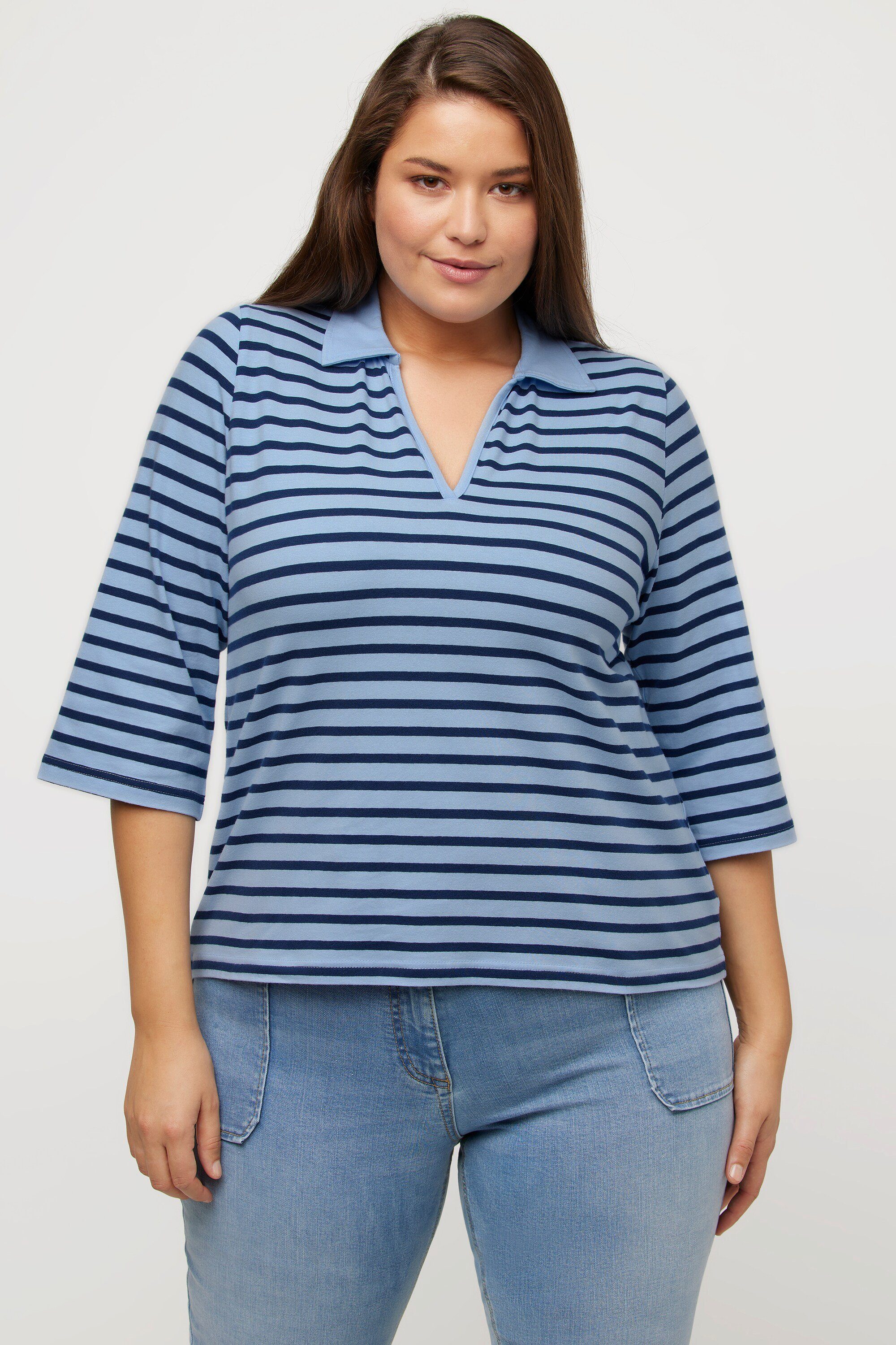 Ulla Popken Poloshirt Poloshirt Ringel V-Ausschnitt günstig online kaufen