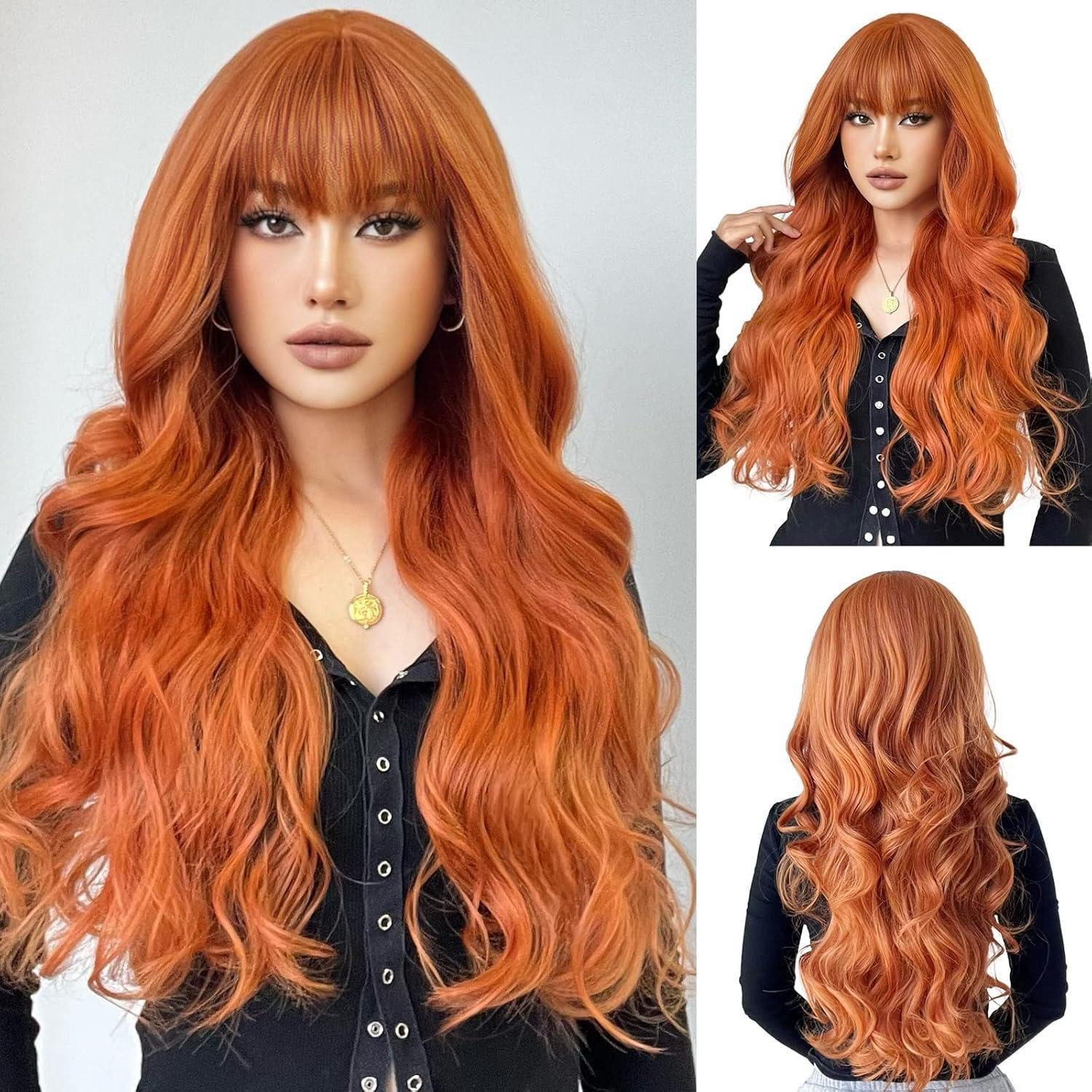 LuxusKollektion Kunsthaarperücke Lang Gewellt Orange Perücken mit Pony Naturhaar für Frauen