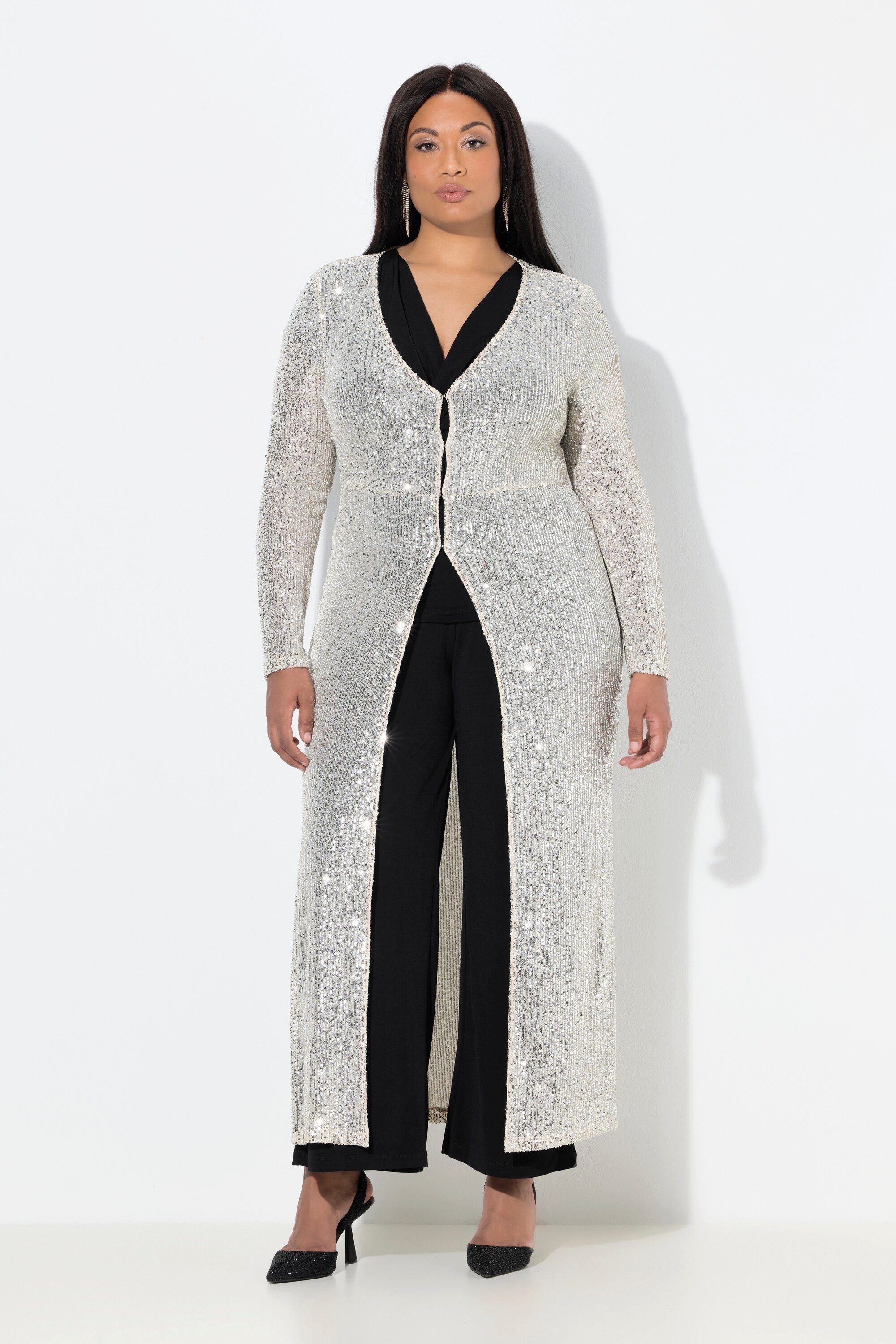 Ulla Popken Langjacke Longjacke Pailletten V-Ausschnitt Langarm günstig online kaufen