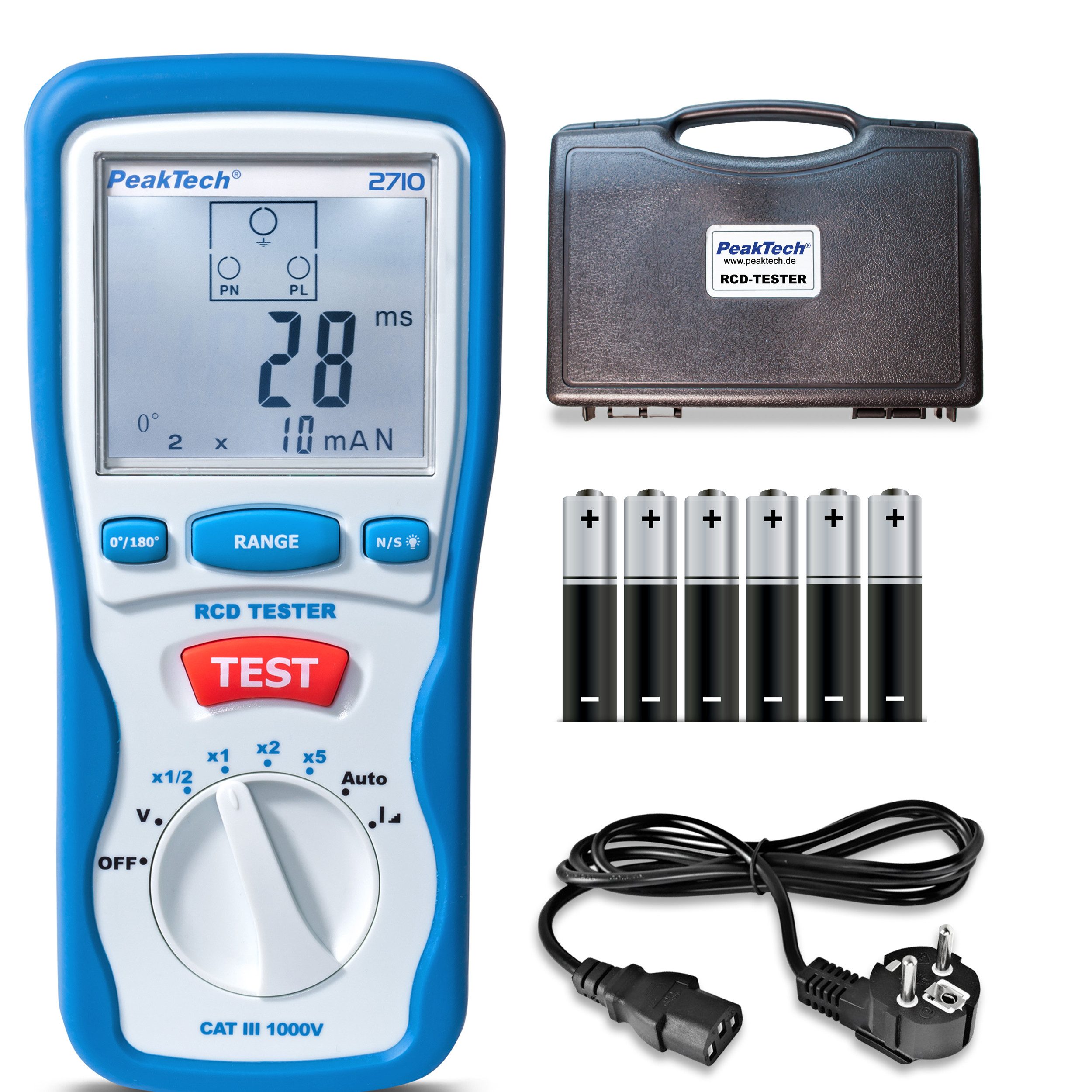Spannungsprüfer PeakTech P 2710: Digitaler FI Tester für Auslösecharakteristik