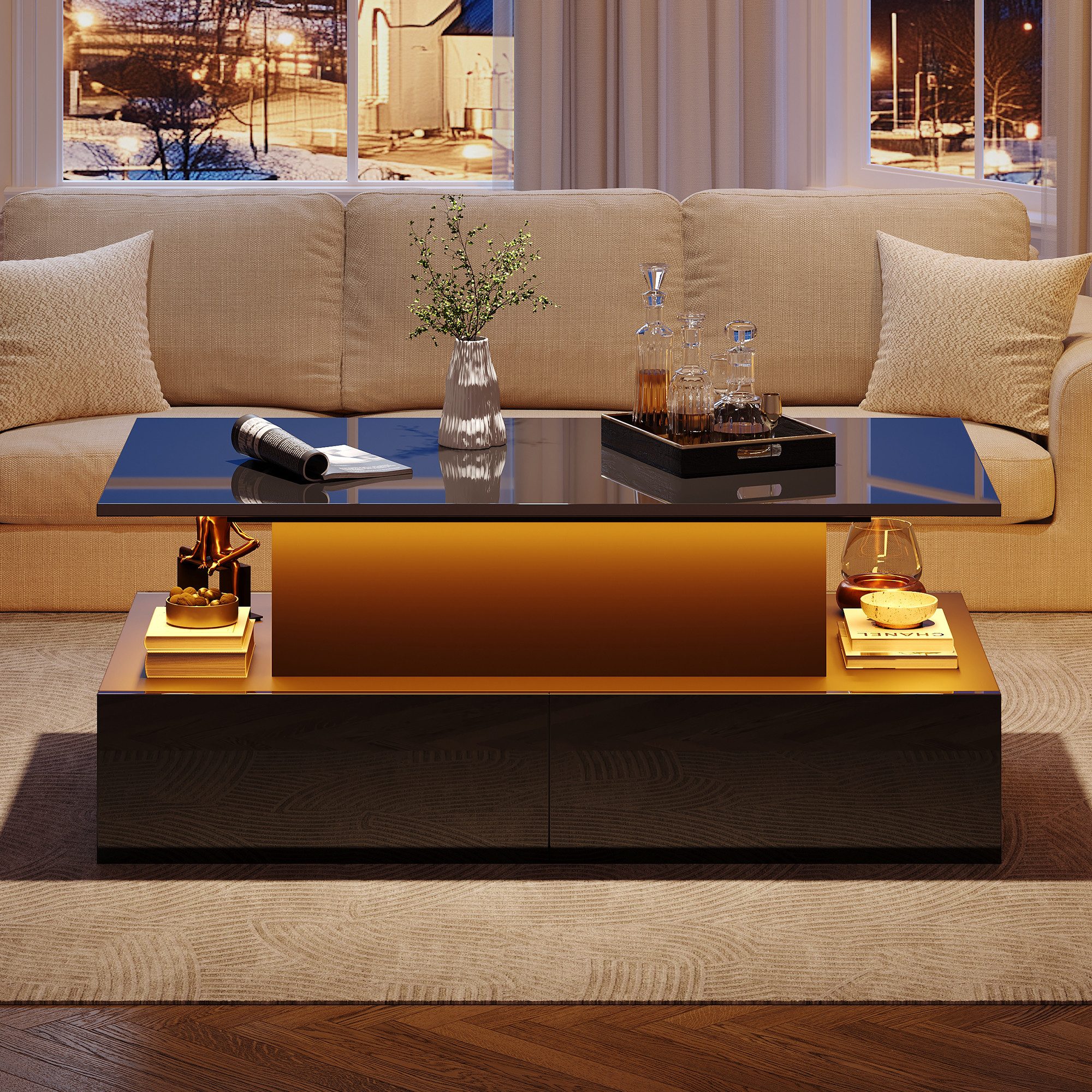 Merax Couchtisch hochglanz Sofatisch Beistelltisch mit LED und hydraulischer Lift (Lift-Teetisch, 90x55x41cm), Wohnzimmertisch mit 4 Schubladen und Stauraum inkl. Fernbedienung