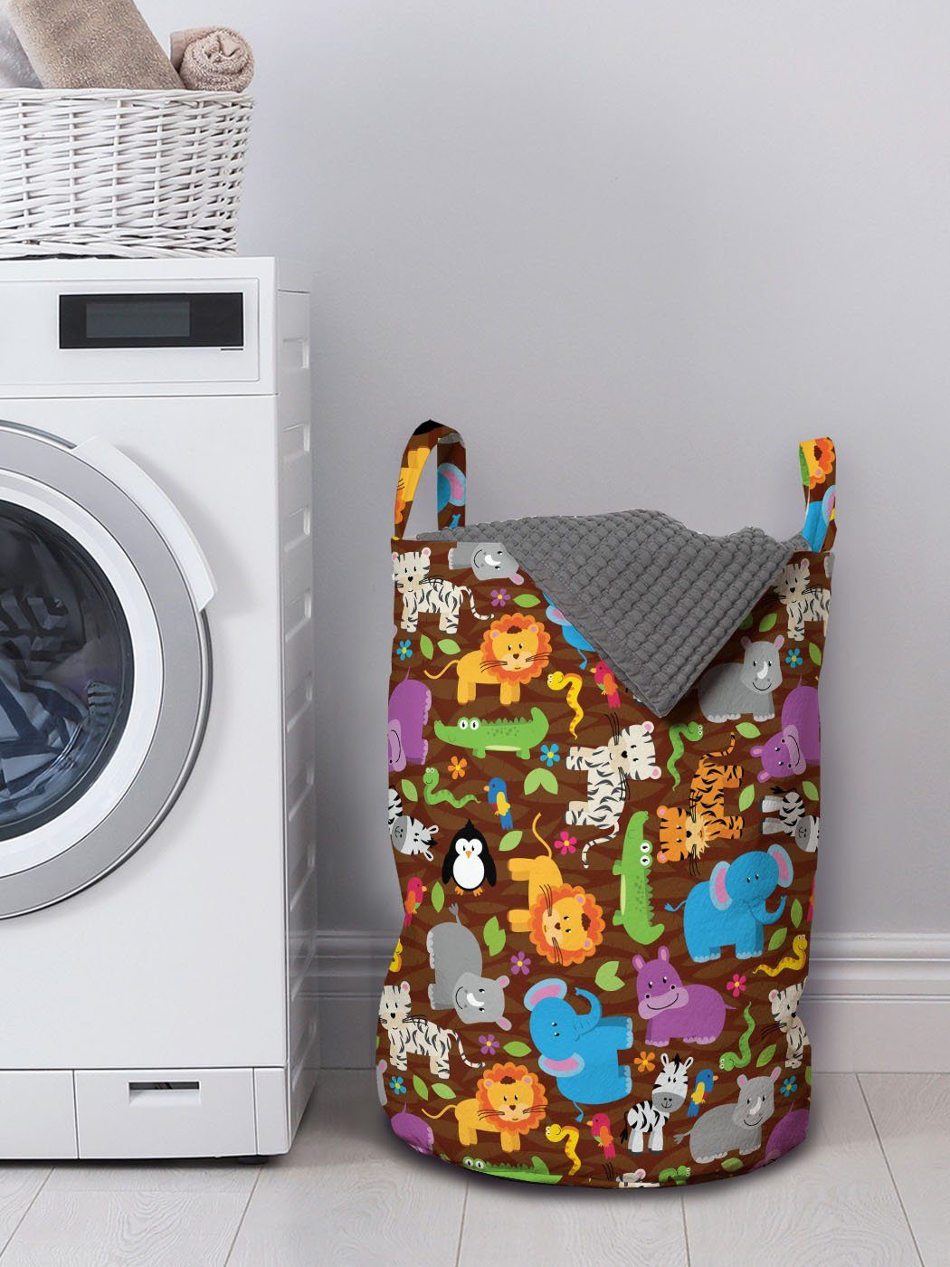 Wäschesäckchen Wäschekorb Griffen mit für Abakuhaus Tier Kordelzugverschluss Cartoon-Dschungel-Szene Nursery Waschsalons,