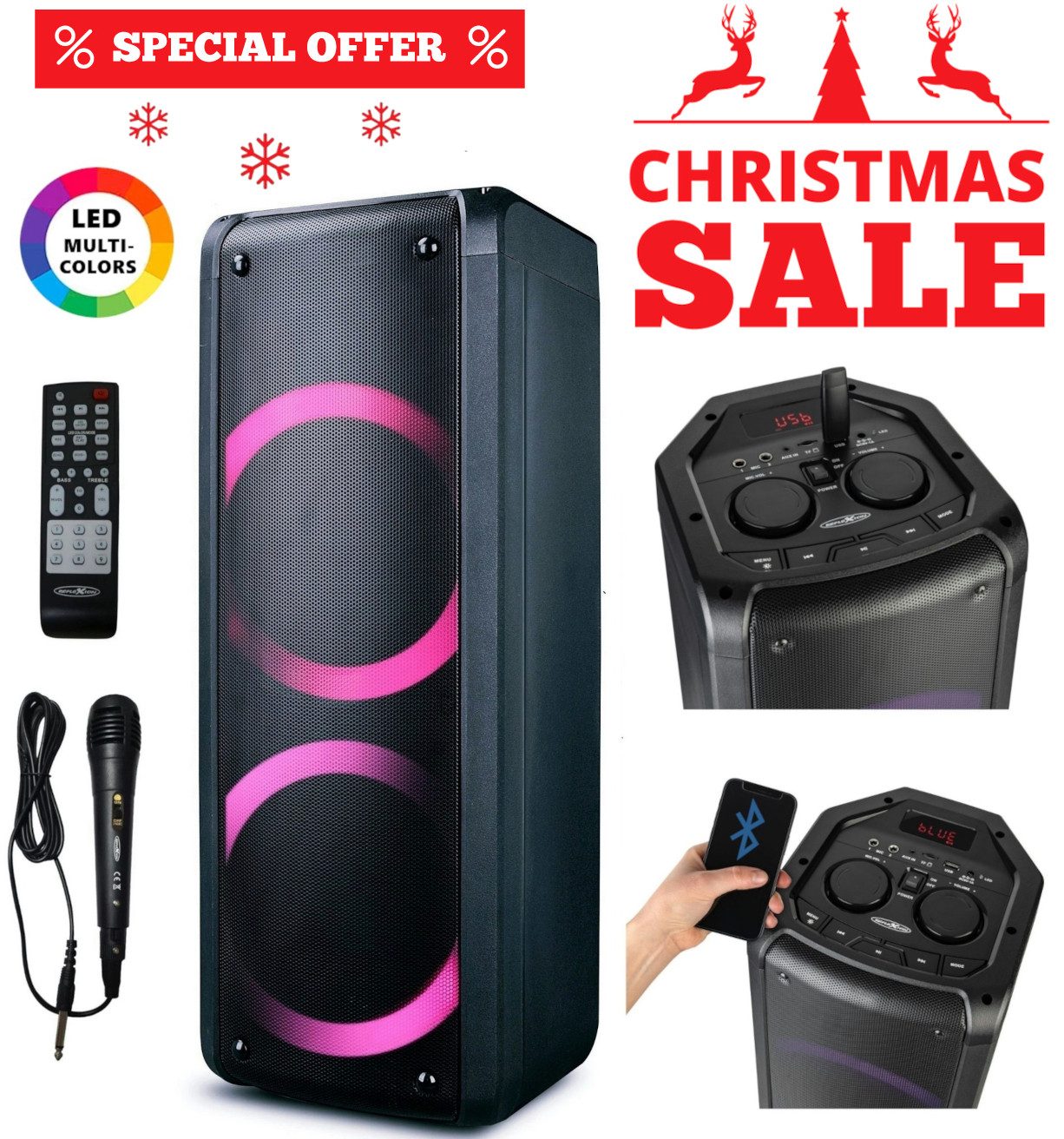 Reflexion PS09BT mit rotierenden Lichteffekten Party-Lautsprecher Stereo (Bluetooth, 500 W, Bluetooth, Radio, Karaoke, Disco-Licht Effekte, Micro-SD Slot)