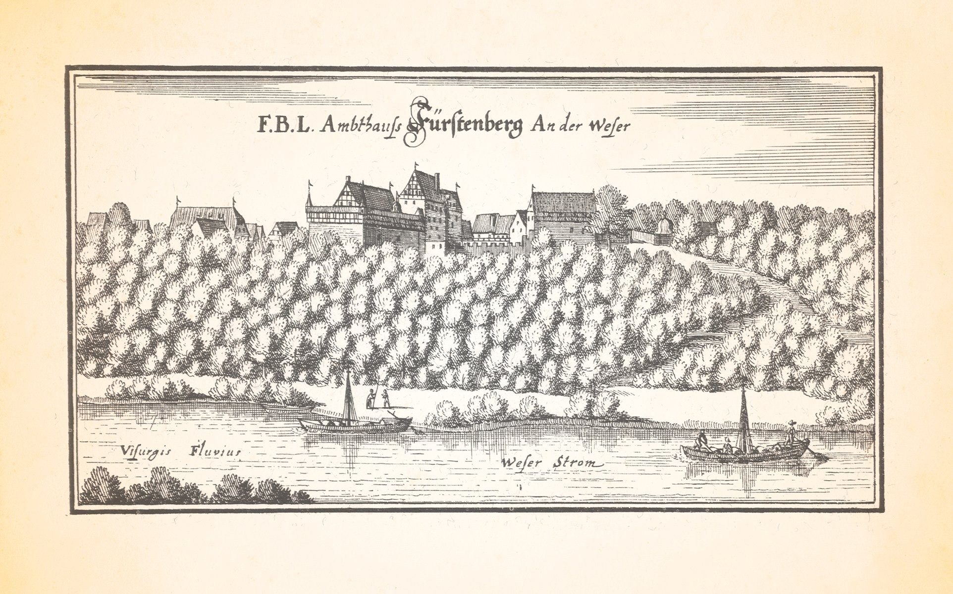 Kunstdruck F.B.L. Ambthauß Fürstenberg an der Weser Schloss Kupferstich Merian 03