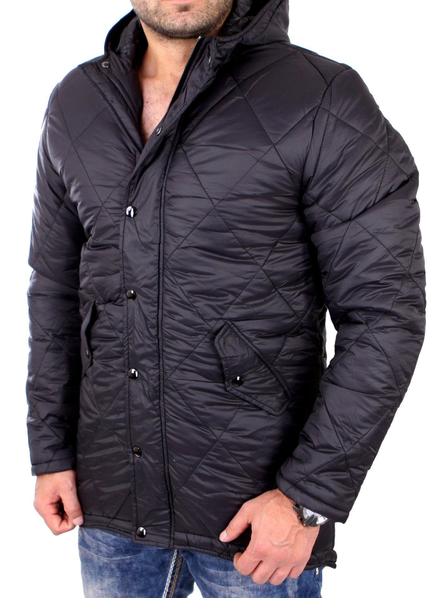 Stepp RS-501 schwarz gesteppte mit Kapuzen Winterjacke Parka Reslad Kapuze Reslad Winterjacke Anorak warme Jacke Herren Jacke