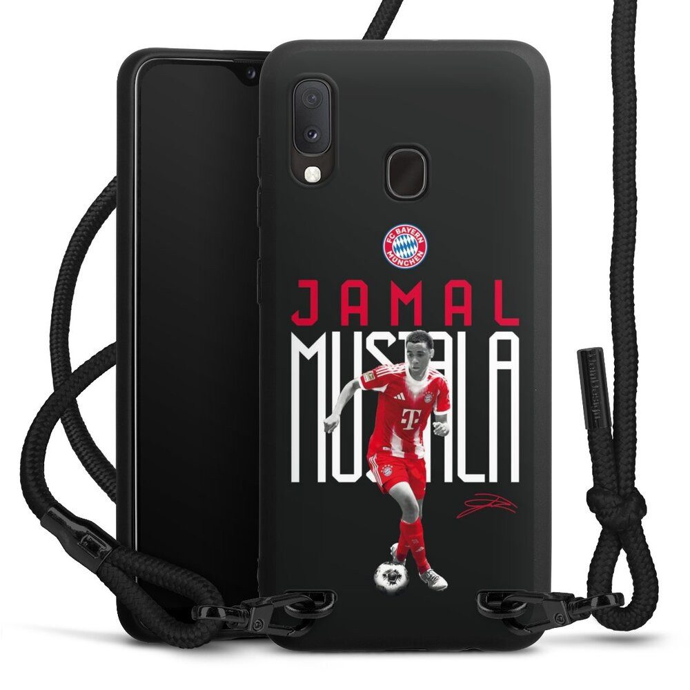 DeinDesign Handyhülle FC Bayern München Jamal Musiala Offizielles Lizenzprodukt, Samsung Galaxy A20 Premium Handykette Hülle mit Band Case zum Umhängen