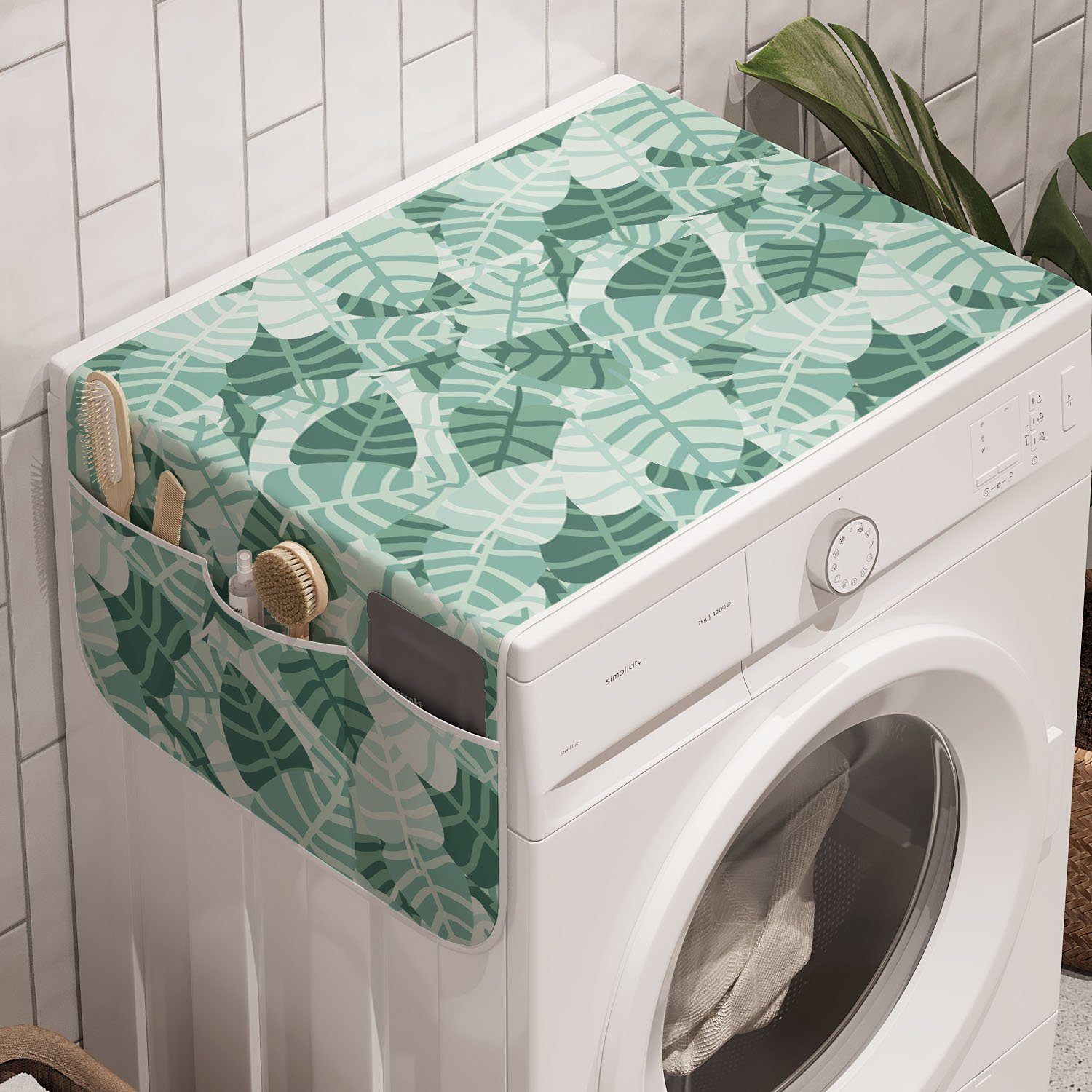 Abakuhaus Badorganizer Anti-Rutsch-Stoffabdeckung für Waschmaschine und Trockner, Aloha Überfüllte Stripy Blätter- Motive