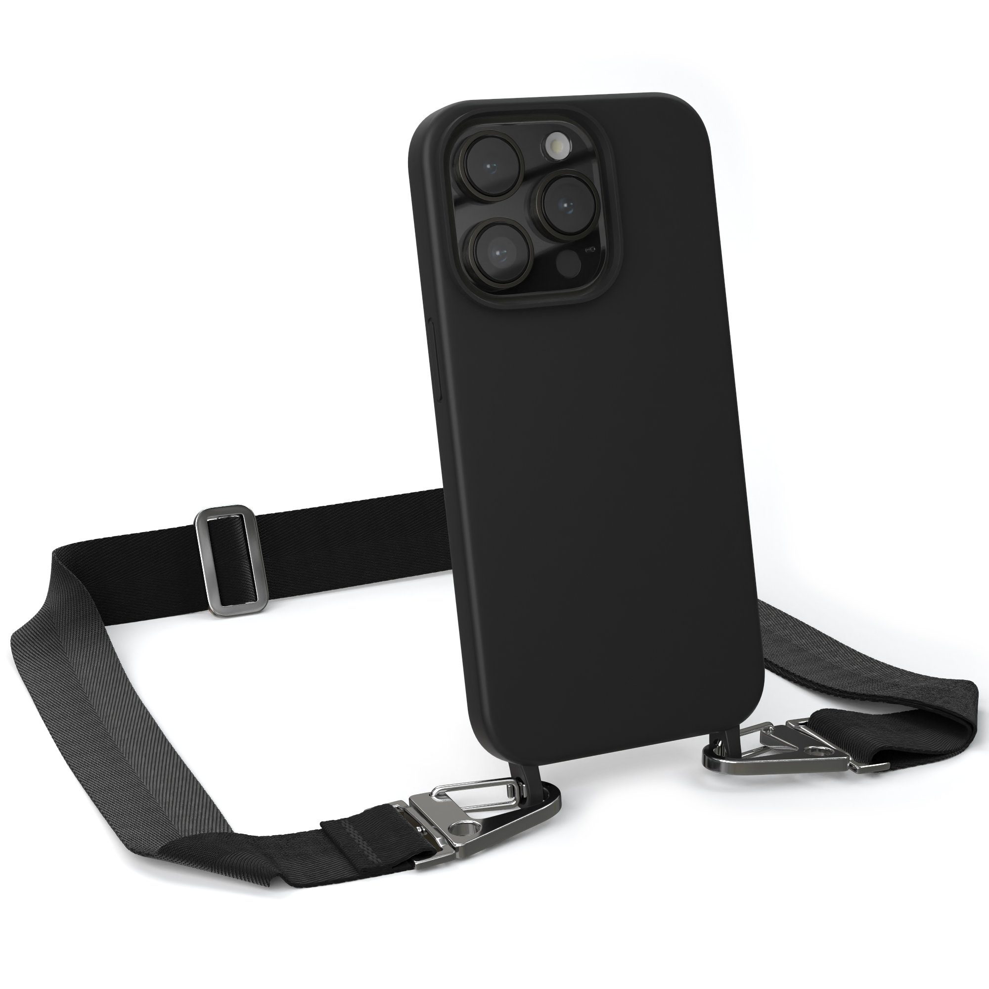 EAZY CASE Handykette Karabiner Breitband für Apple iPhone 14 Pro 6,1 Zoll, Schutzhülle zum Umhängen Handyhülle Umhängeband Matt Schwarz Silber