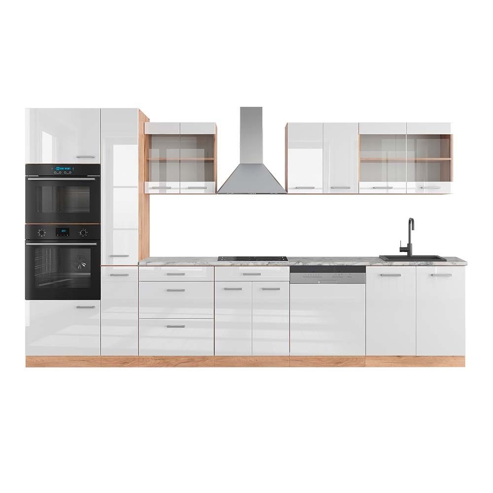 Vicco Küchenzeile R-Line, Weiß Hochglanz/Goldkraft Eiche, 350 cm mit Hochschrank, AP...