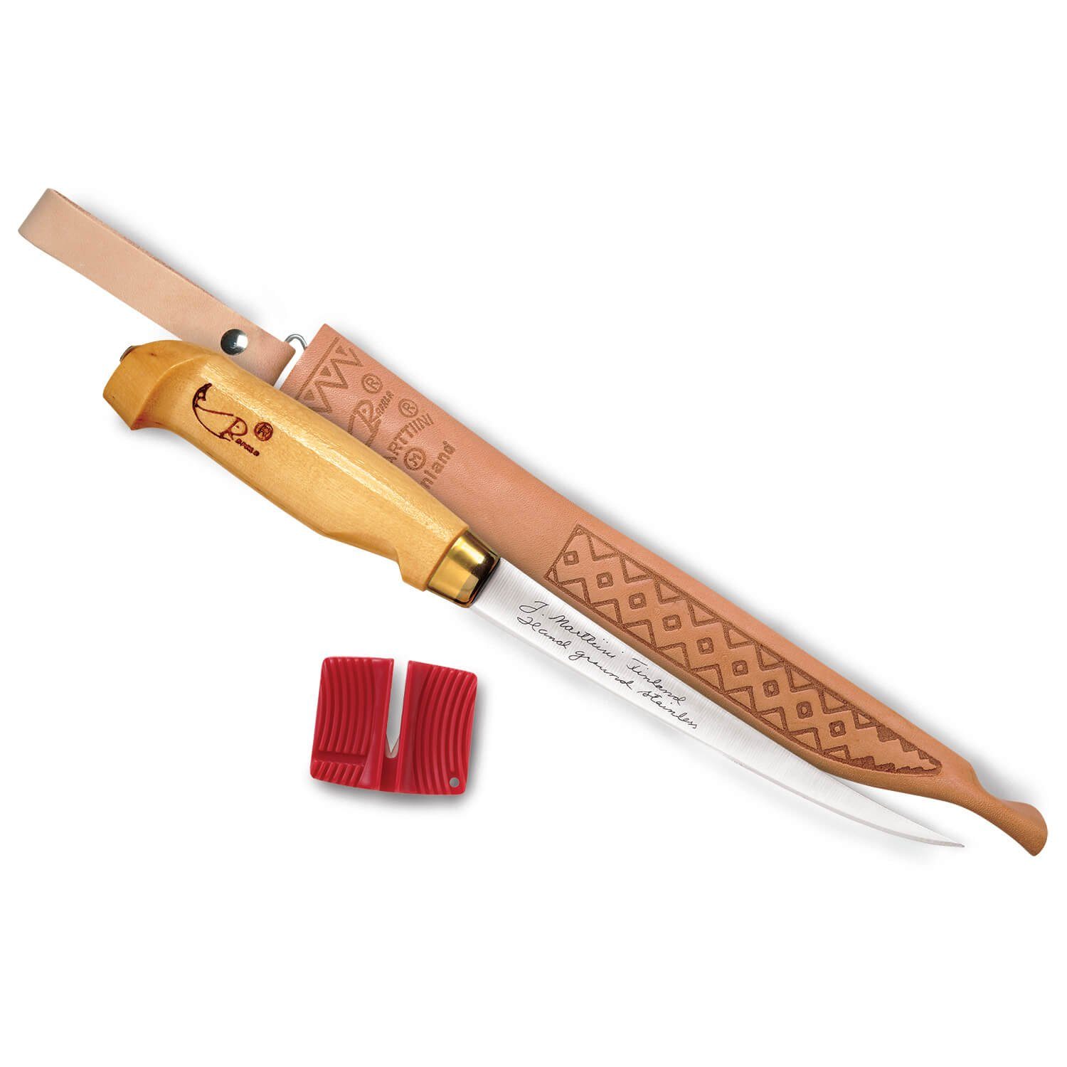 Marttiini Fischfiliermesser Rapala Fish N Fillet Filetiermesser und Messerschärfer, Griff: verstärkte Birke/lackiert, Scheide aus echtes genarbtes Leder