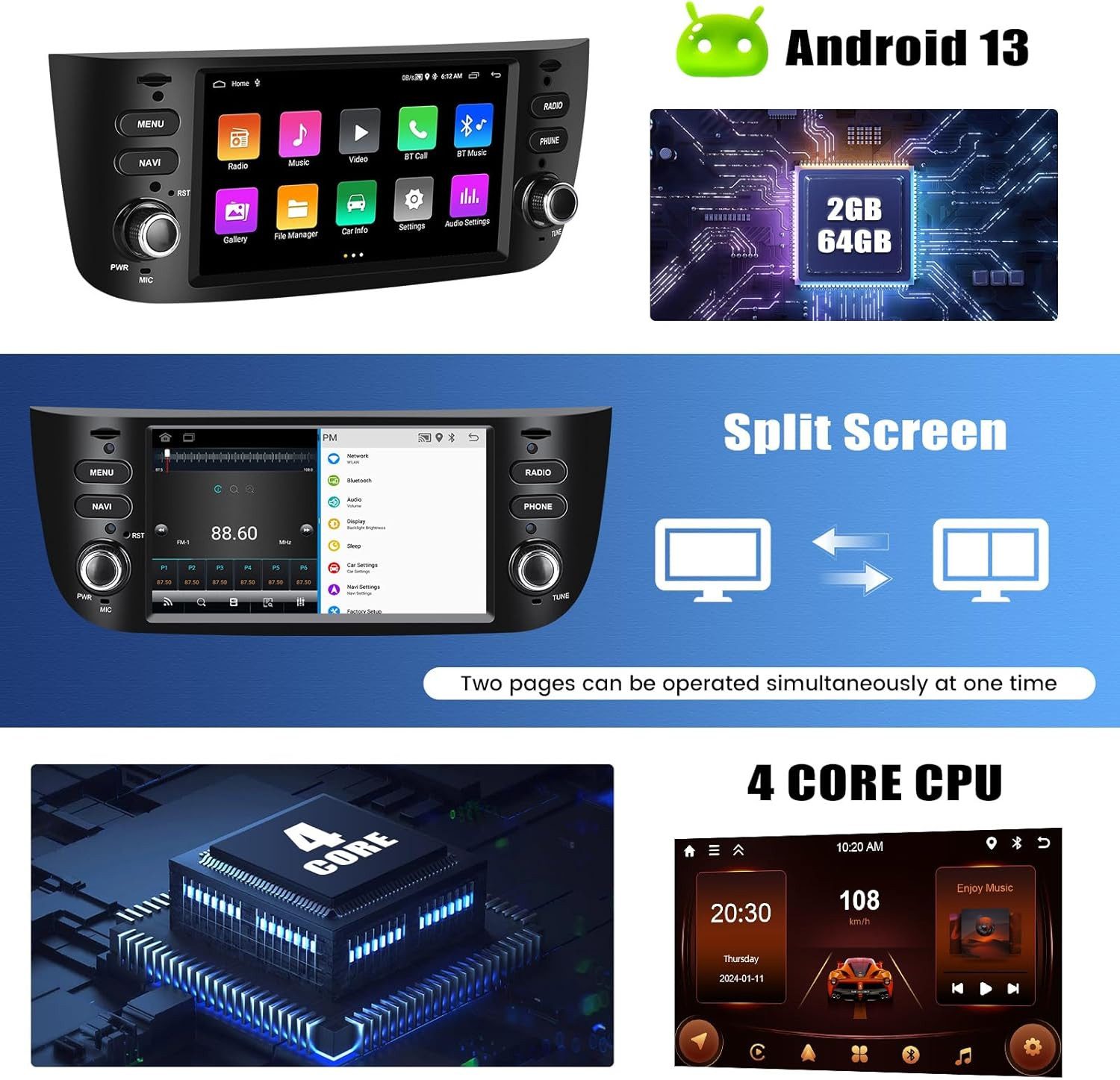 PODOFO 2G+64G Android 13 Autoradio für FIAT, 6,2" mit Mirror Link GPS Navi FM Autoradio