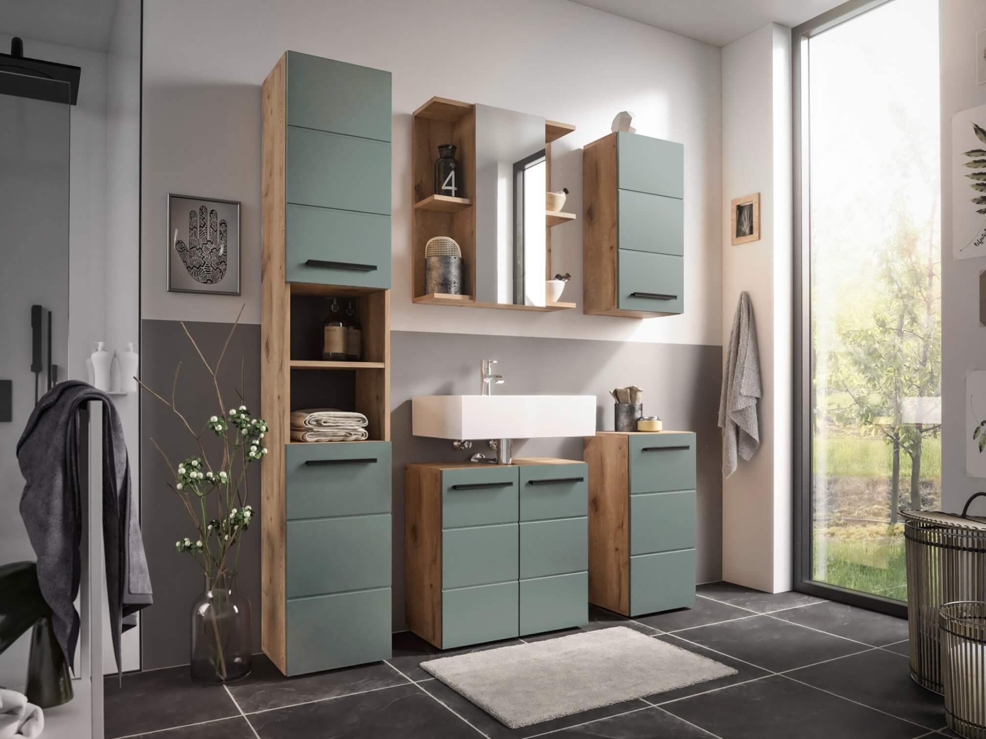 moebel-dich-auf Badezimmer-Set VALENCIA, (Waschbeckenunterschrank, Spiegelschrank, MDF-Fronten tiefgezogen, Korpus melaminbeschichtet)