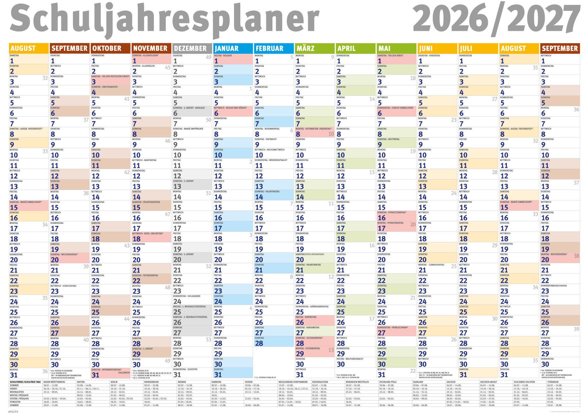 Poster Schuljahresplaner 2026/2027 - Wandplaner Kalender - Giant XXL Poster