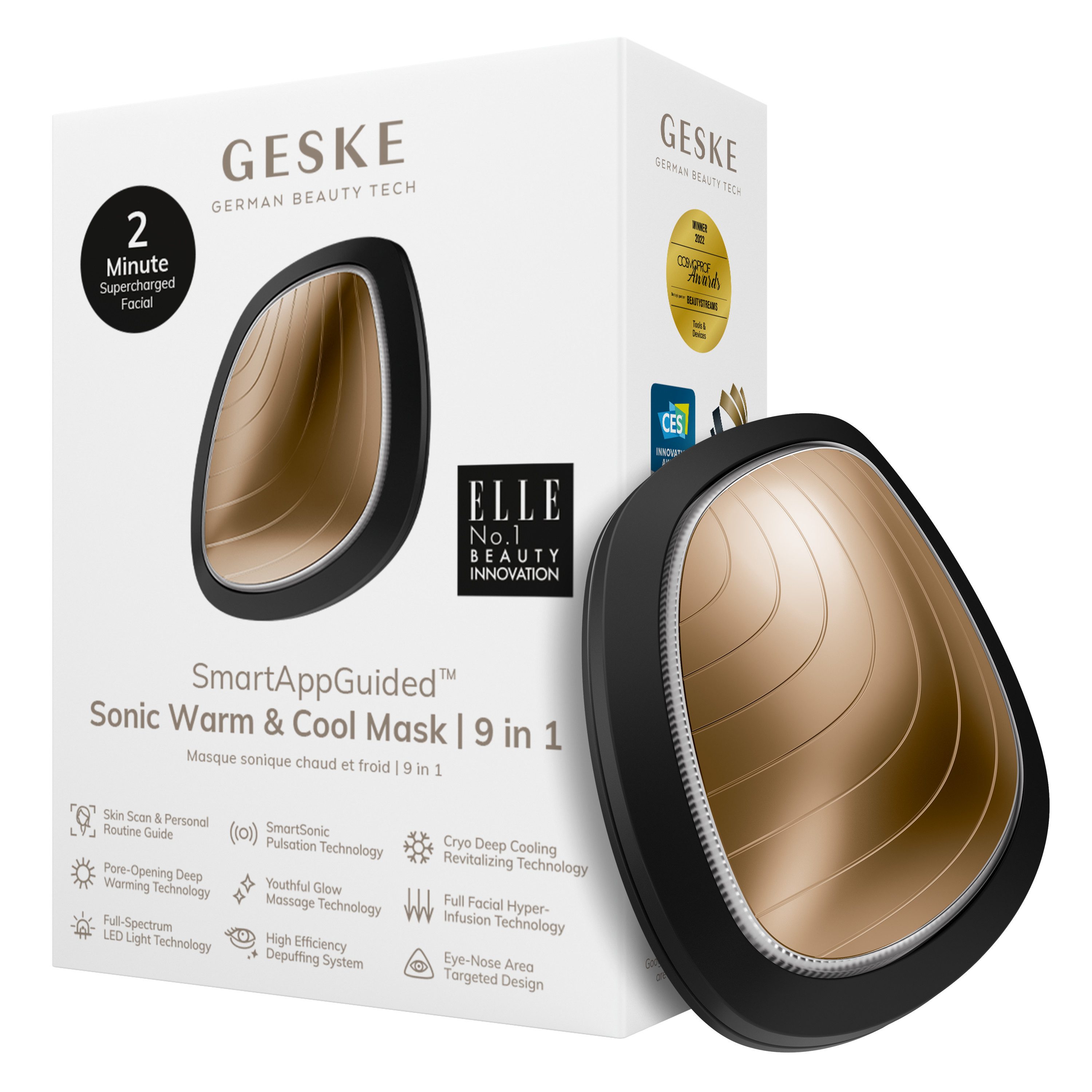 GESKE German Beauty Tech Porenreiniger Sonic Warm & Cool Mask 9 in 1 Farbe: Gray + Gratis Kosmetik, Packung (Gerät & USB-Ladekabel), 2-tlg., Gerät inkl. kostenloser APP (SmartAppGuided Device), Mit der GESKE App erhältst Du deine personalisierte Hautpflegeroutine.