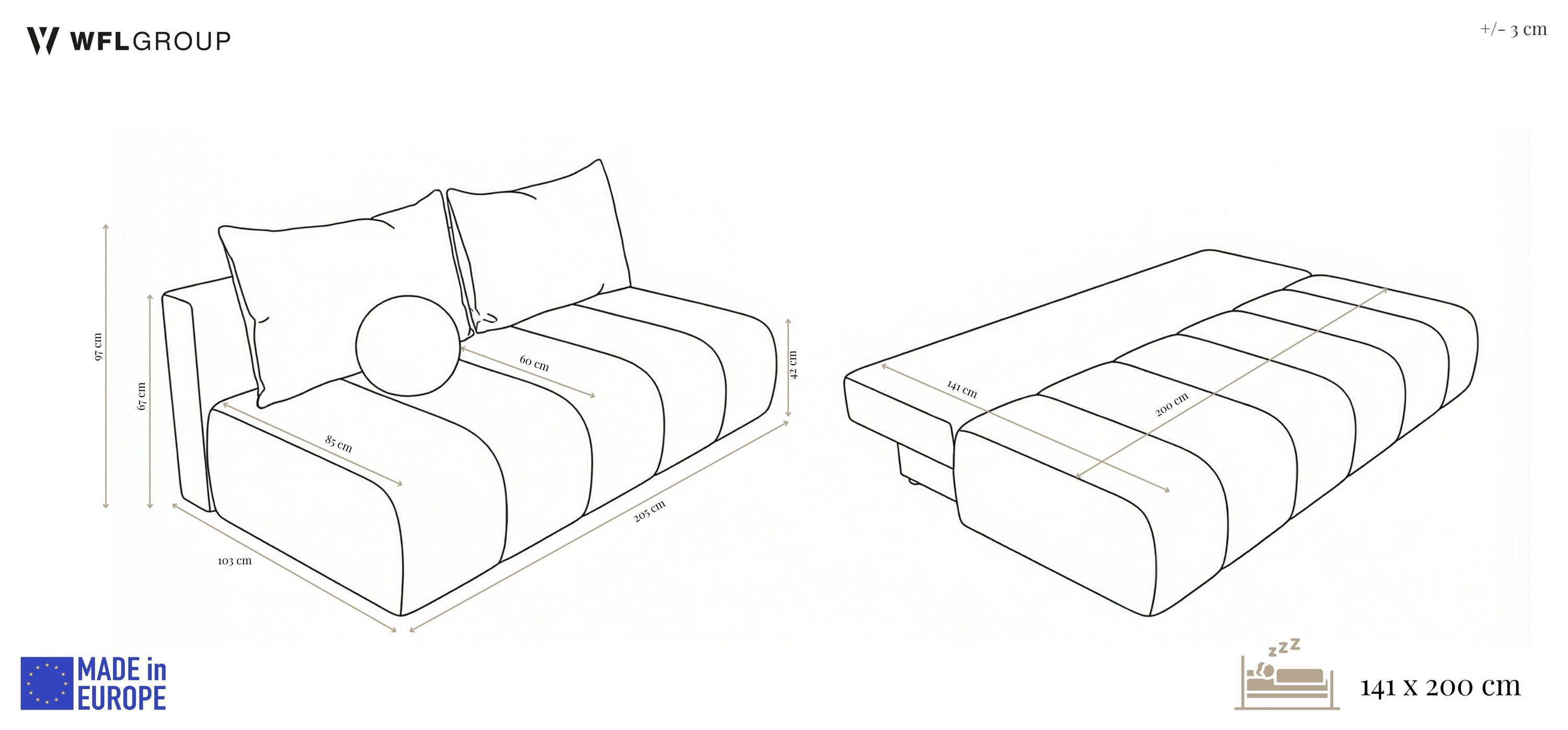 WFL GROUP Schlafsofa Milla mit Bettkasten – 3 Sitzer Couch mit Schlaffunktion, Bettfunktion, Schlaffläche 150 × 200 cm, Skandinavische Polstercouch im modernen  – Bild 3 von 5