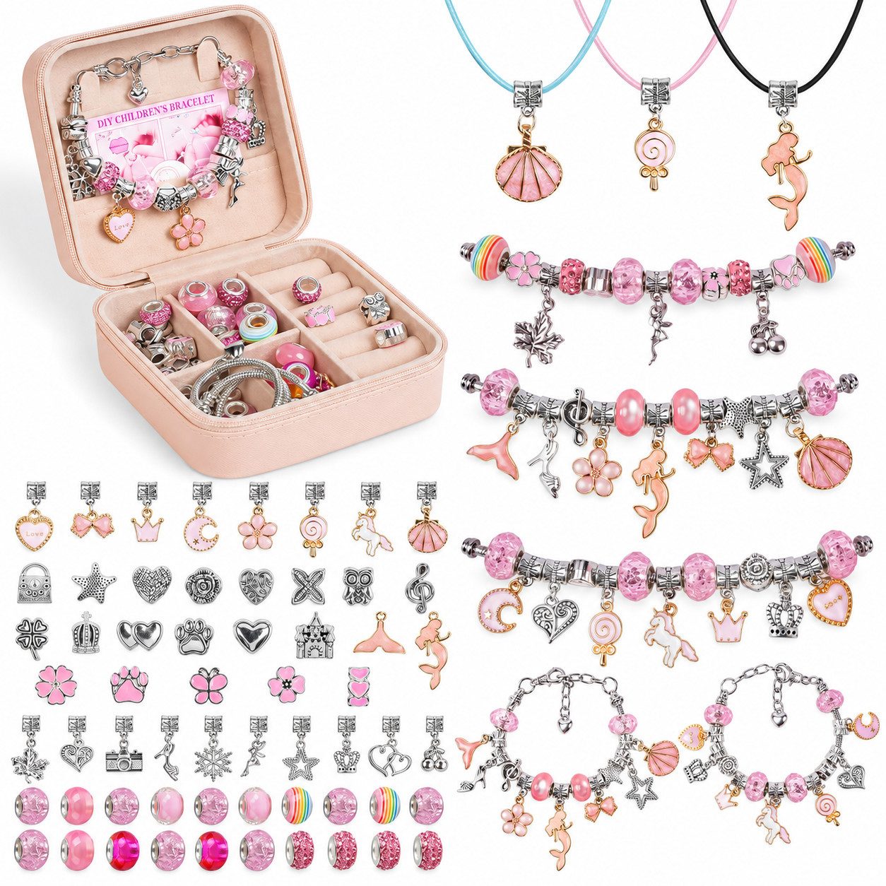 Fyrove Kreativset Schmuckset Geschenke für Mädchen, 66-tlg. Armband-Bastelset, (60 Perlen & Anhängern, 3 Armbandketten, 3 Halsketten & rosa Schmuckbox), Geschenk für Mädchen im Alter von 6–12 Jahren