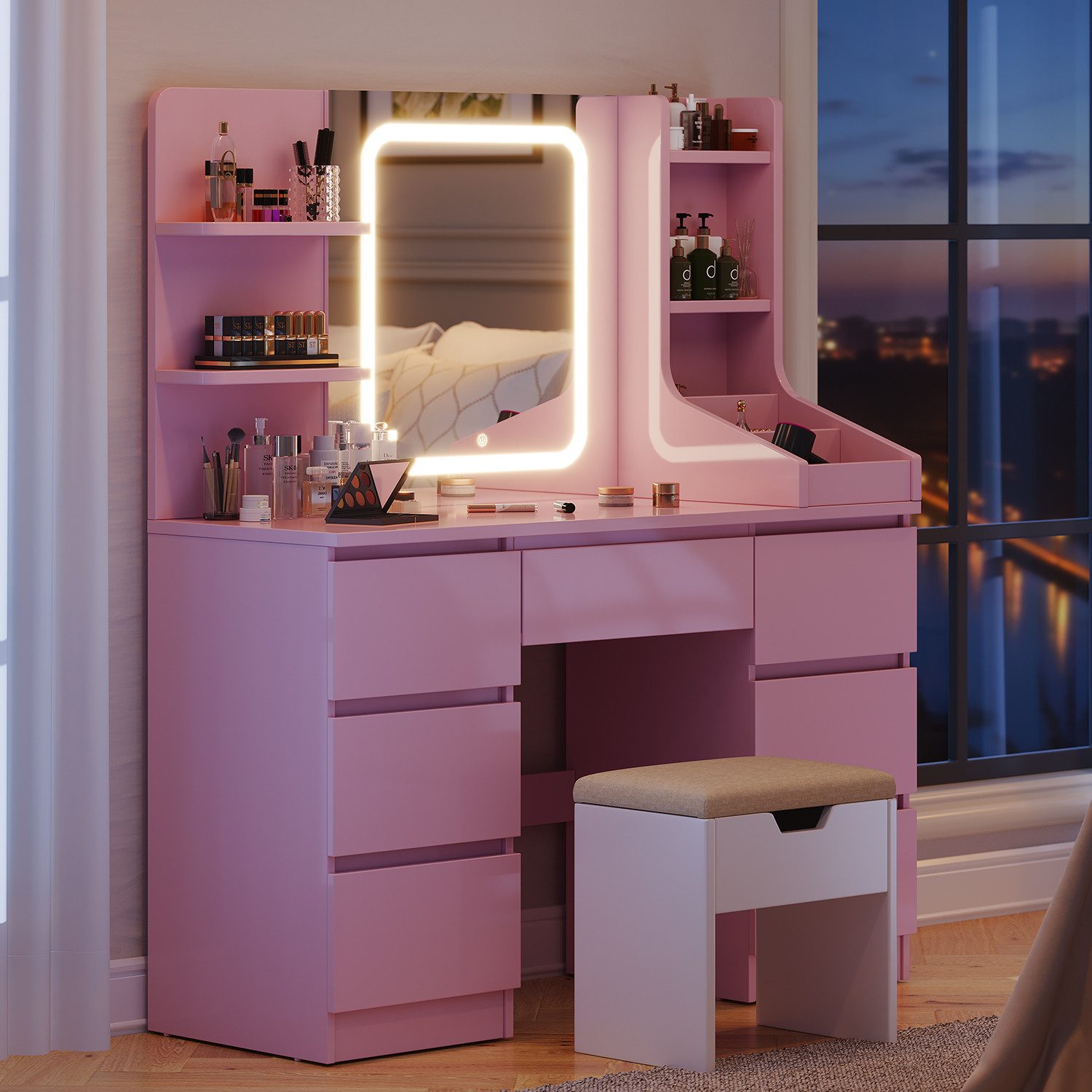 Furnicopia Schminktisch Einstellbare Helligkeit mit 7 Schubladen und 8 offe günstig online kaufen