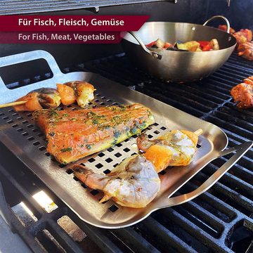 natumo Grillschale für Fleisch, Fisch & Gemüse - Grillfläche 25 x 16 x 1,5 cm - 2er Set, Edelstahl