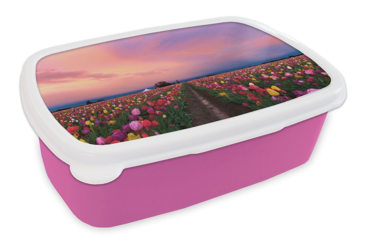Kinder, (2-tlg), farbenfrohen rosa MuchoWow Kunststoff Lunchbox Tulpenfelder, Brotdose für Mädchen, Brotbox Snackbox, Die Kunststoff, Erwachsene,