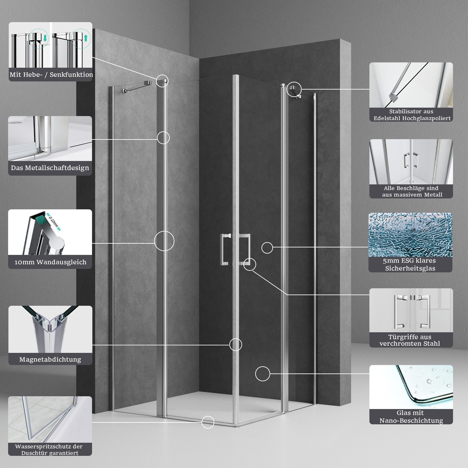 GOEZES Eckdusche Falttür 75x90 90x90 100x100 Duschkabine Eckeinstieg Dusche Faltbar, BxT: 90x90 cm, Sicherheitsglas mit Nano, Drehfalttür, Scharniertür, mit Haltestangen, Aluprofil, Alu-Bodenleiste, Magnetdichtleisten,Rechts-und Links montierbar