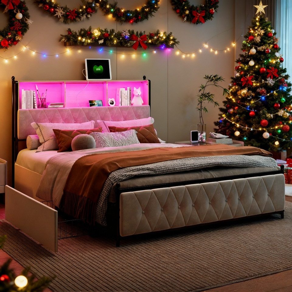Gdood Polsterbett Stauraumbett Doppelbett LED (1 tlg, Mit Vier extra große Schubladen), Mit LED-Beleuchtung, USB & TYPE-C Anschlüsse, Samt, 180x200 cm