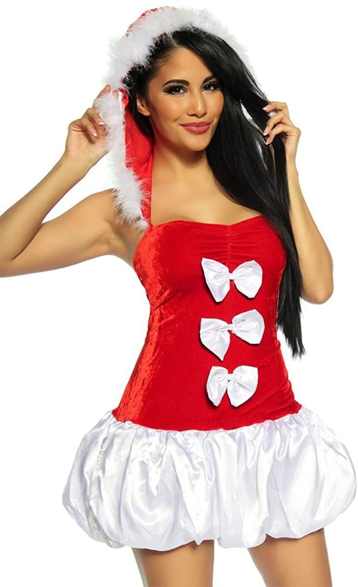 ohne Label Kostüm »Weihnachts Petticoat-Kleid mit Kapuze und Schleifen aus  Samt Christmas X-mas Valentinstag Outfit, rot weiß«