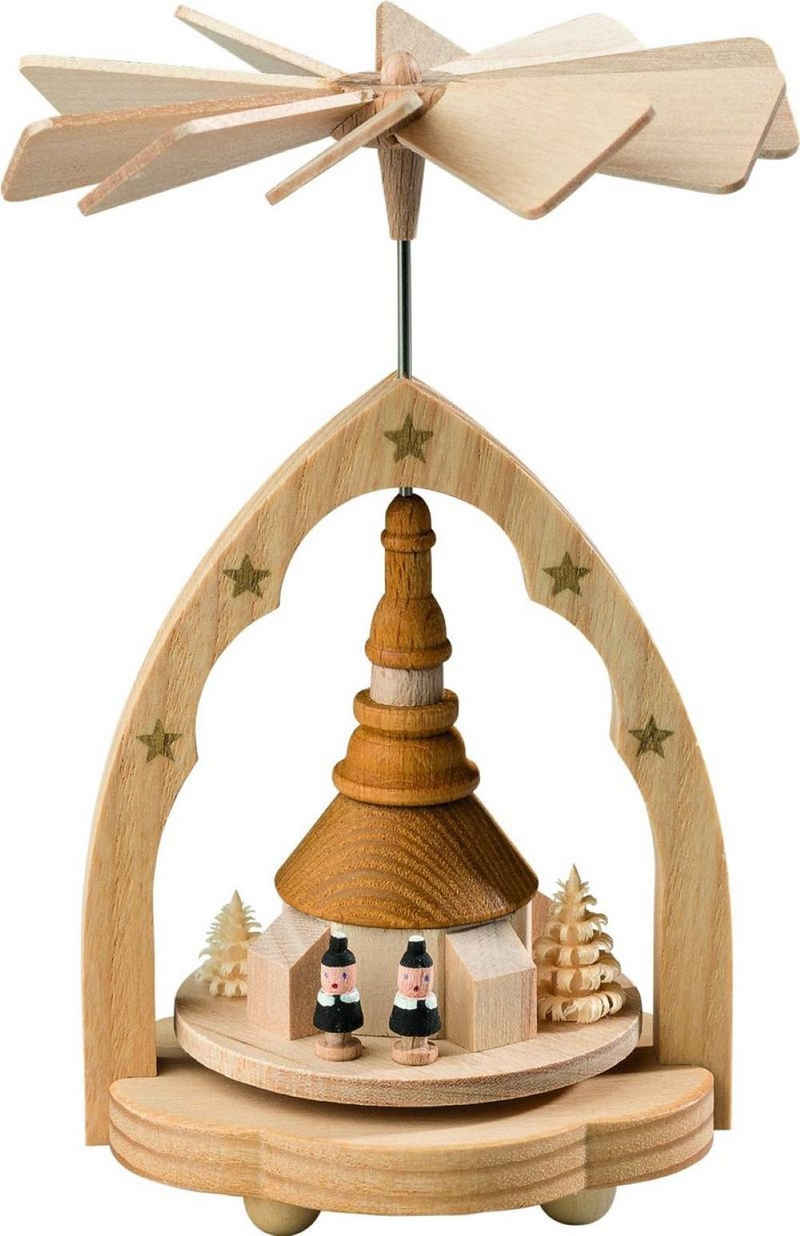 Richard Glaesser Weihnachtspyramide Wärmespiel Seiffener Kirche, Höhe 11cm, Handwerkskunst original Erzgebirge