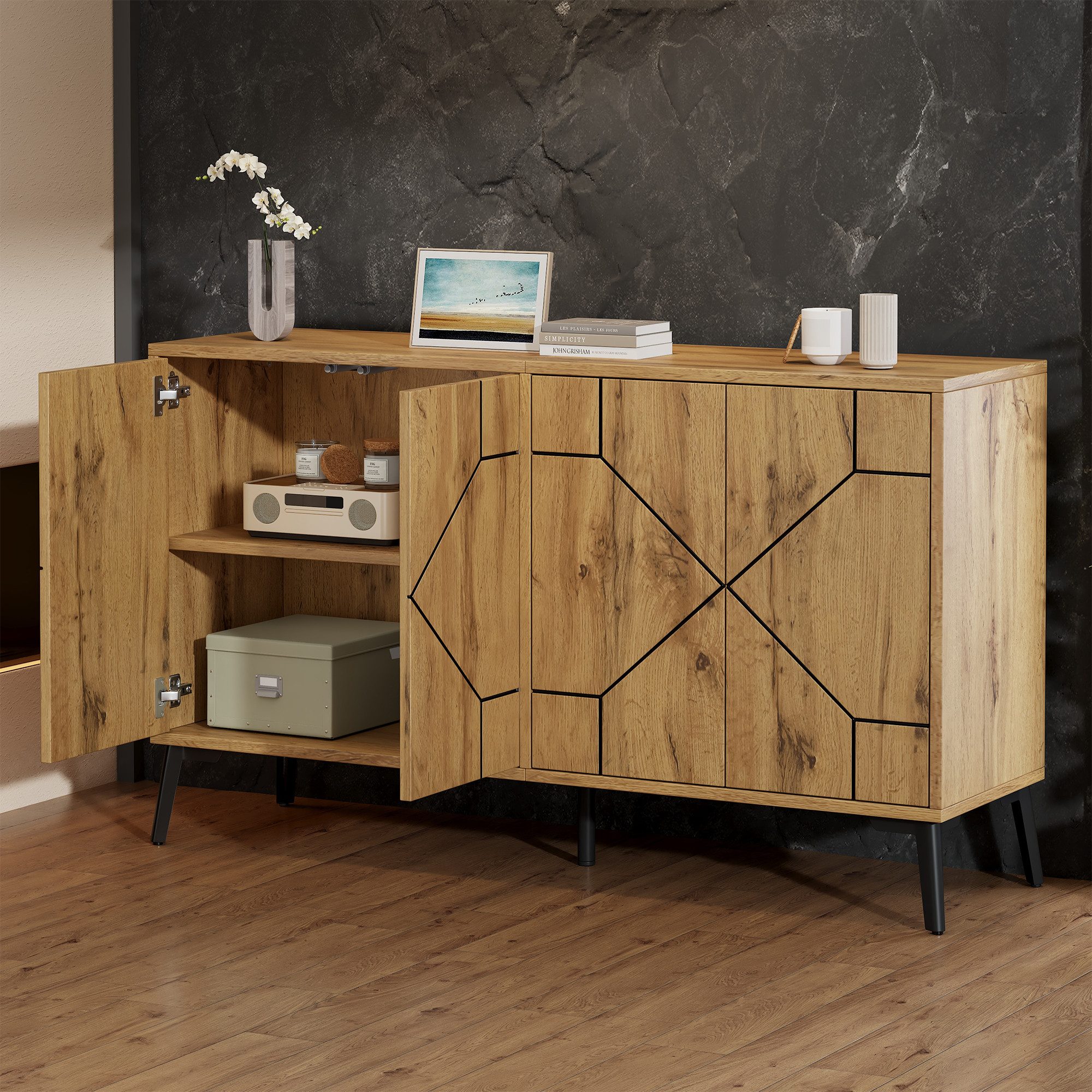 Merax Sideboard mit 4 Türen und großem Stauraum, Kommode mit Push-to-Open Mechanismus (120x35x69cm, 1 St), Aufbewahrungsschrank mit Wellenmuster, Küchenschrank  – Bild 2 von 5