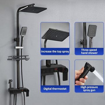 DnKelar Duschsystem Duschset, mit großer Regendusche, Handbrause, mit Höheverstellbarer Duschstange (Thermostat-LED Anzeige