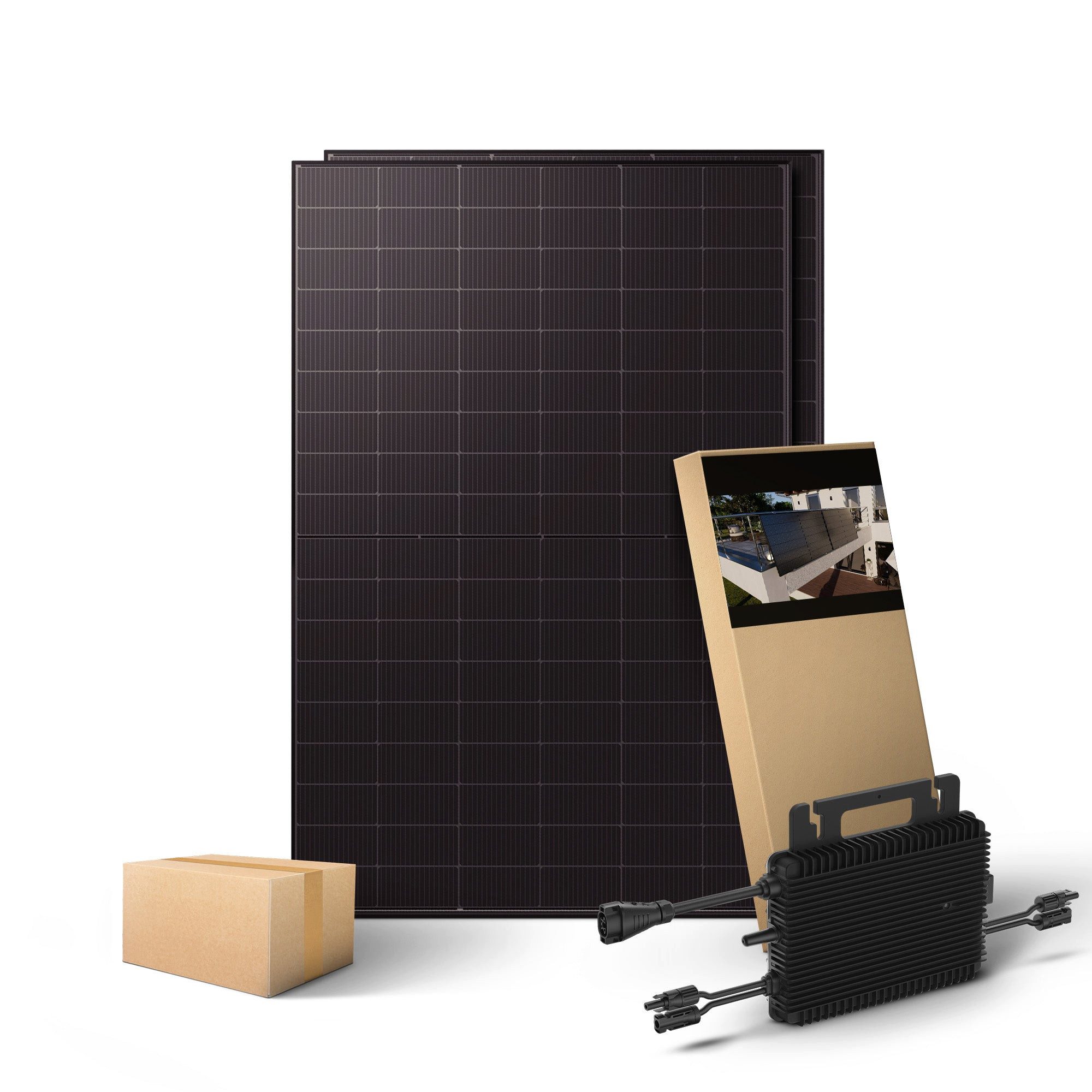 Kleines Kraftwerk Balkonkraftwerk, 1000 W, Monokristallin, (Gitterbalkon, Solaranlage Komplettset mit Wechselrichter), 2 x 500W, Wechselrichter, Stromanschlusskabel, Solarverlängerungskabel