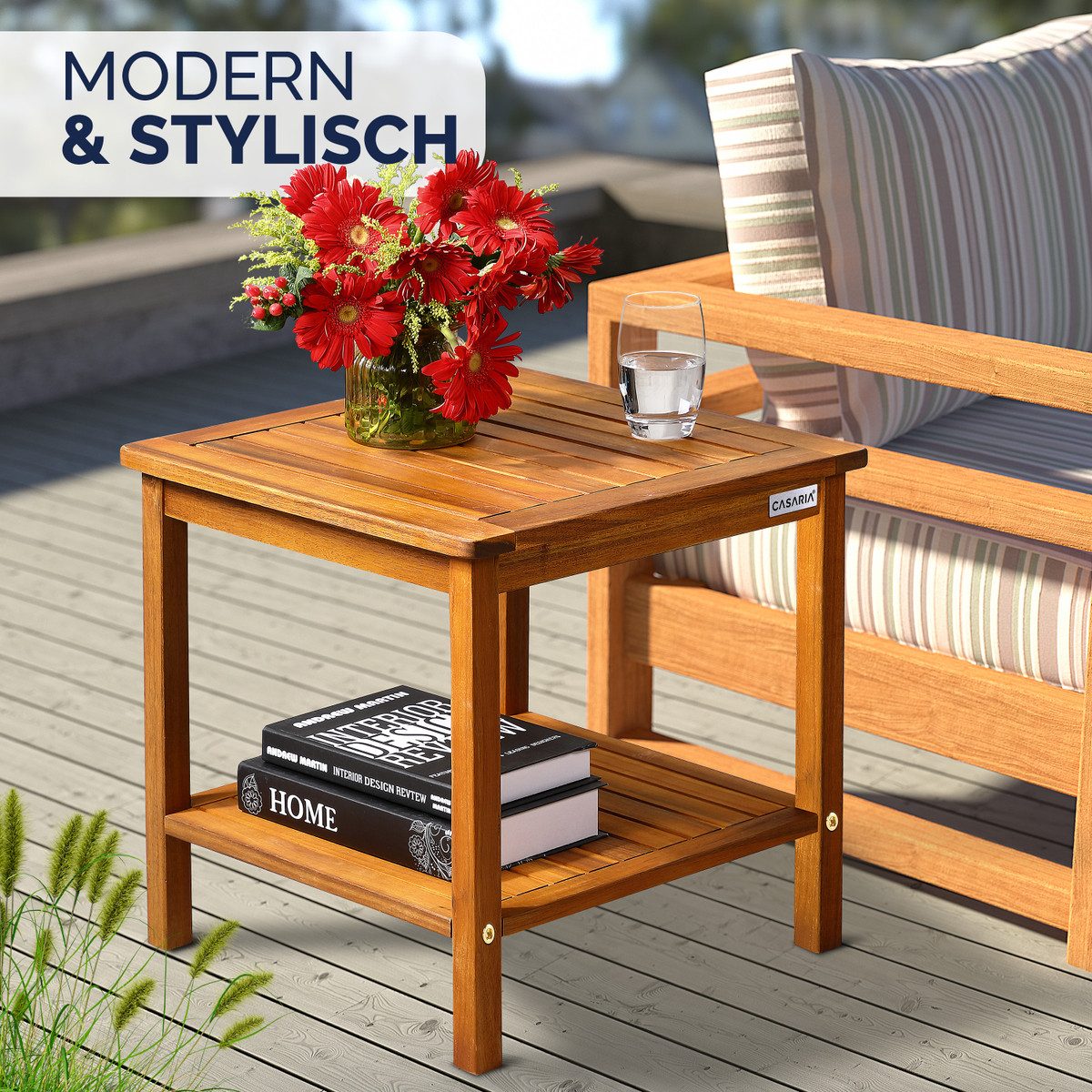 Casaria Beistelltisch Washington (1-St), Holz wetterfest FSC® zertifiziert 2 Ablagen 45x45cm Balkon Akazie
