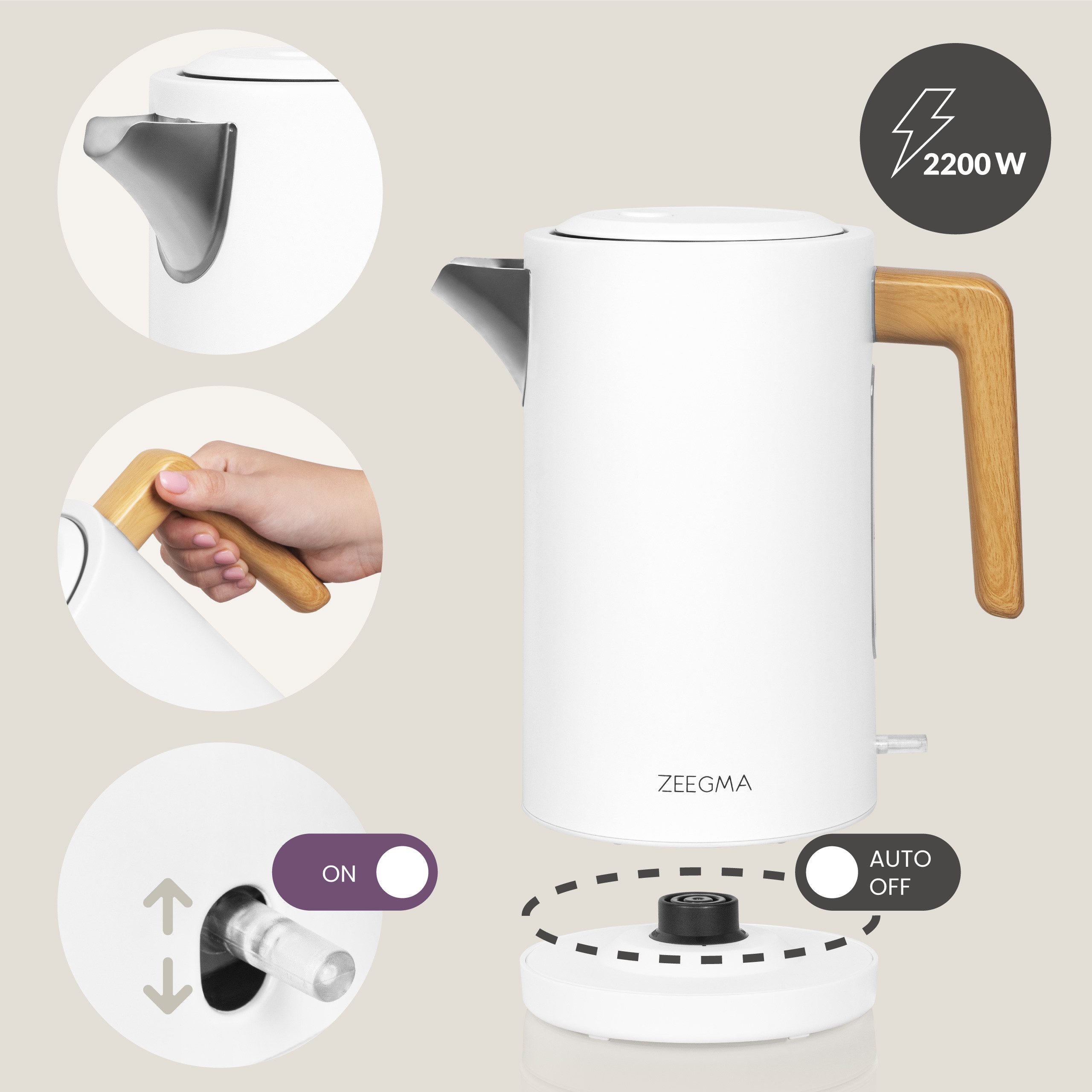 Zeegma Wasserkocher KETLEE, 2200,00 W, Schnelles Erhitzen/Ergonomischer Griff/Profilierter Ausguss