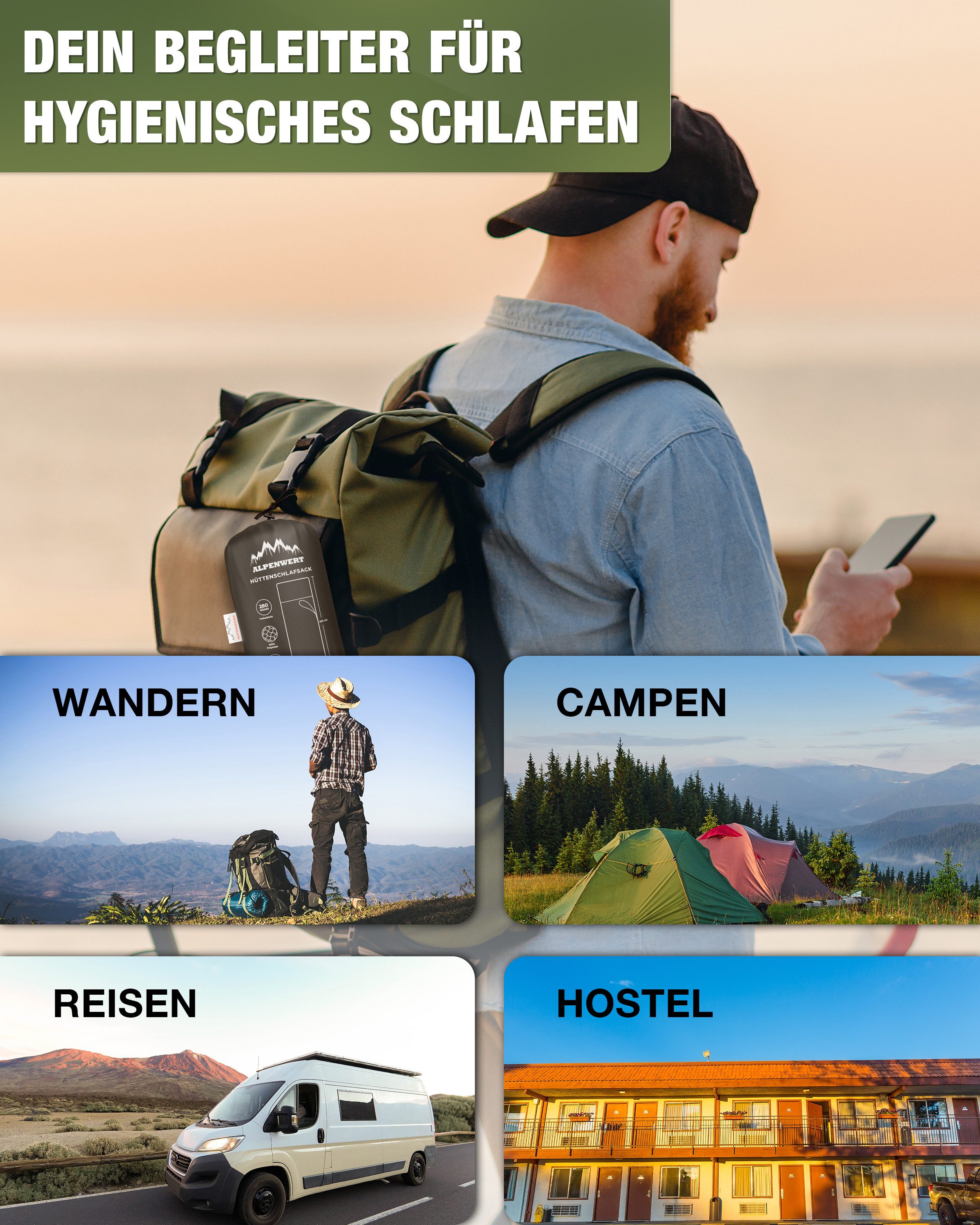 Alpenwert Schlafsackinlett Hüttenschlafsack Deckenschlafsack Schlafsack Inlett Sommerschlafsack, (220cm x80cm, 1-St., Hüttenschlafsack und Tasche), Hüttenschlaf – Bild 5 von 5