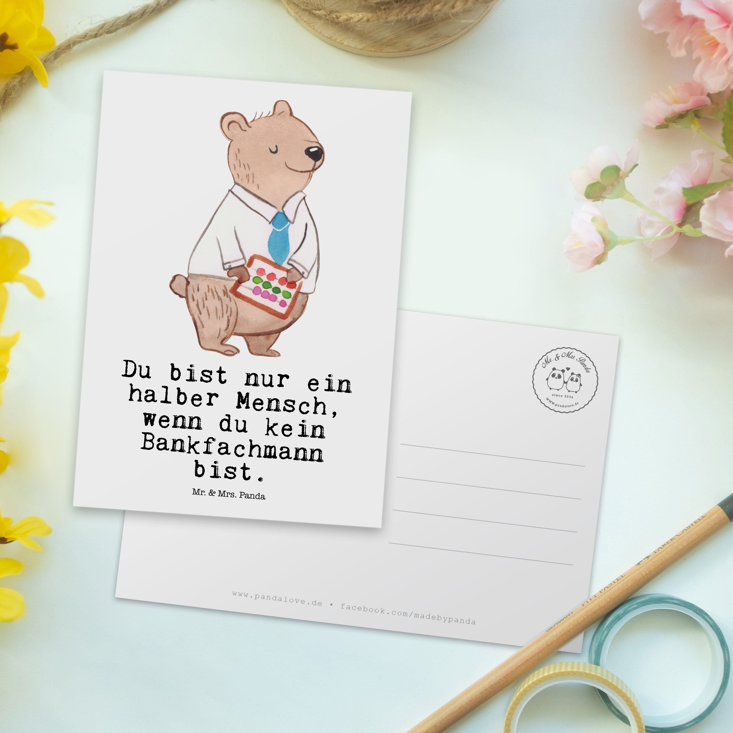 E Schenken, Mrs. - Panda & Mr. Geschenk, Herz Einladungskarte, Postkarte Weiß - Bankfachmann mit
