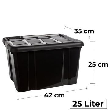 Centi Aufbewahrungsbox 4er Set Aufbewahrungsbox mit Deckel Groß 25 L (26 x 42 x 35 cm), Plastikbox mit Clip-Deckeln Stapelbar Schwarz