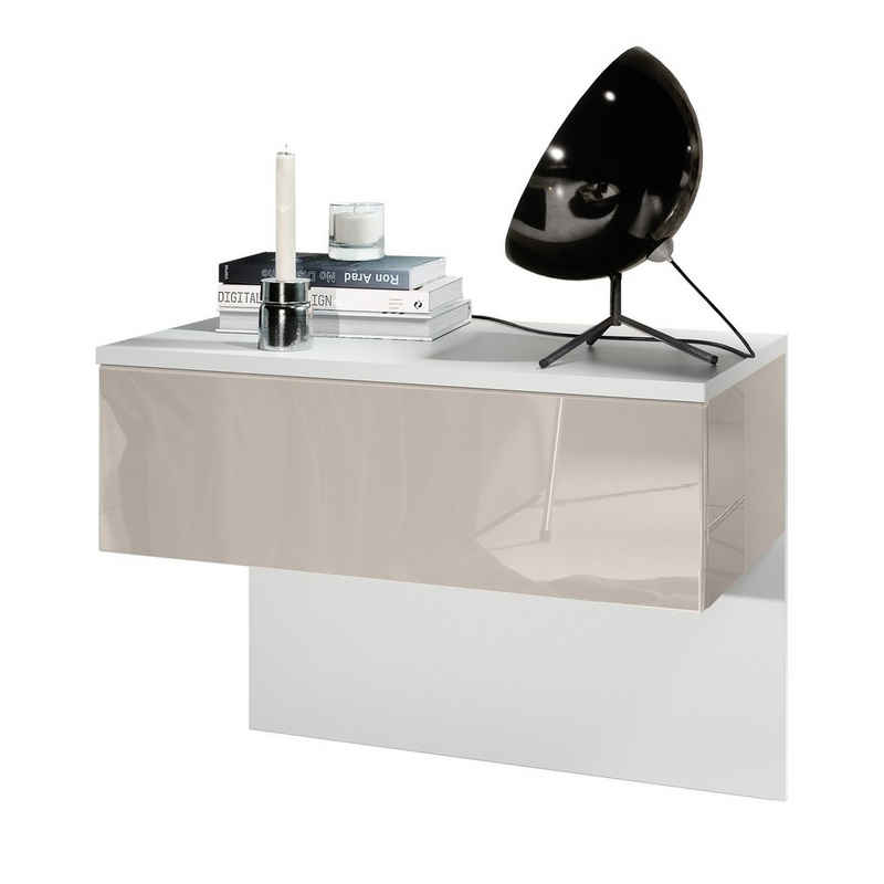 Vladon Nachtkonsole »Sleep«, Nachttischschrank mit Schublade zur Wandmontage, Weiß matt/Sandgrau Hochglanz (60 x 46 x 35 cm)