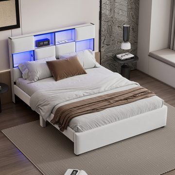 Welikera Palettenbett 140*200cm Flachbett mit Verstellbares Umgebungslicht,USB-Anschluss,Mehrere Ablagefächer an der Seite des Bettes,Beige