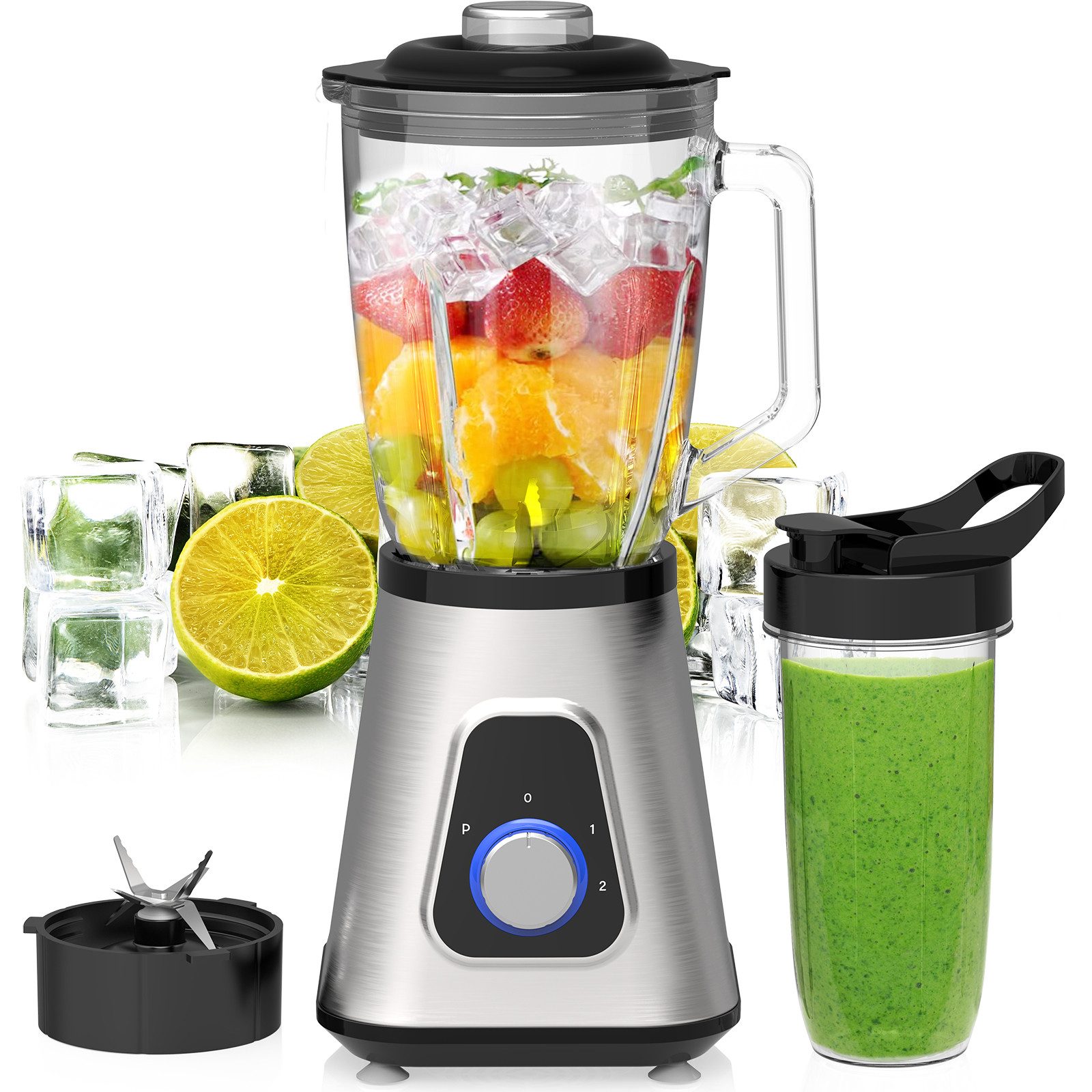 Comfy Mate Standmixer Kompakt 2-in-1 Standmixer Smoothie Maker, mit 600ml To-go Becher, 1300 W, Abnehmbare Klinge, 2 Geschwindigkeiten, mit Ice Crush & Pulse-Funktion