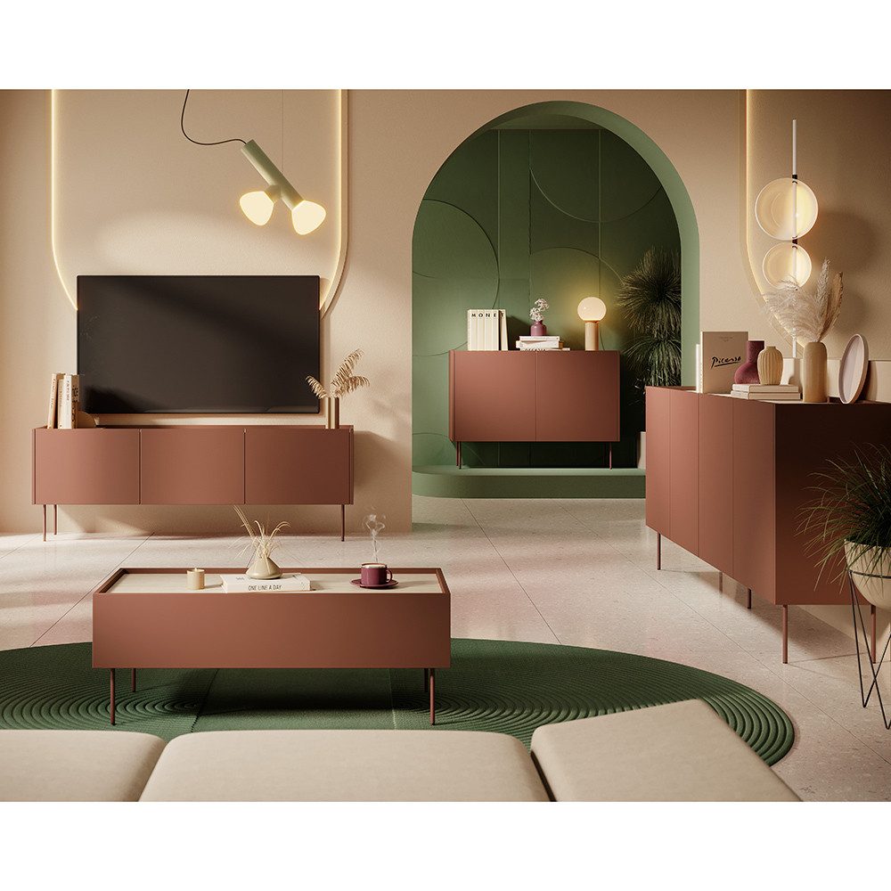 Lomadox Wohnzimmer-Set DELFT-141, (Mega-Spar-Set, 4-St., Couchtisch Lowboard Sideboard), in keramikrot und Eiche mit Metallfüßen, modern, grifflos