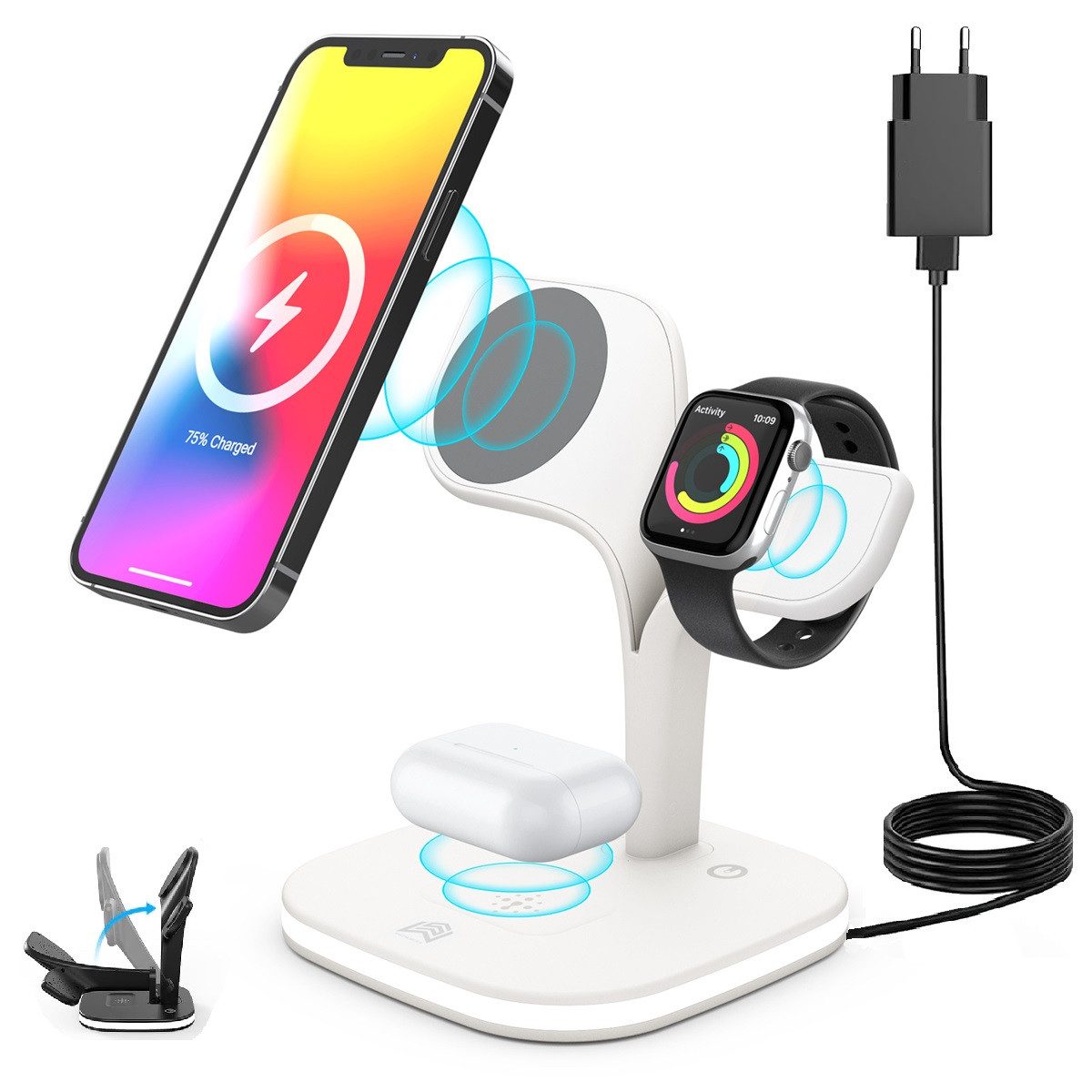 Novzep 4-in-1 Induktive Ladestation mit Nachtlampe, 23w Wireless Charger Induktions-Ladegerät (iPhone 12 13 14 15 16 max plus,AirPods 2/Pro, Apple Watch 2-7/SE, Kabelloses induktives Laden, Wireless Charger für Apple iPhone)