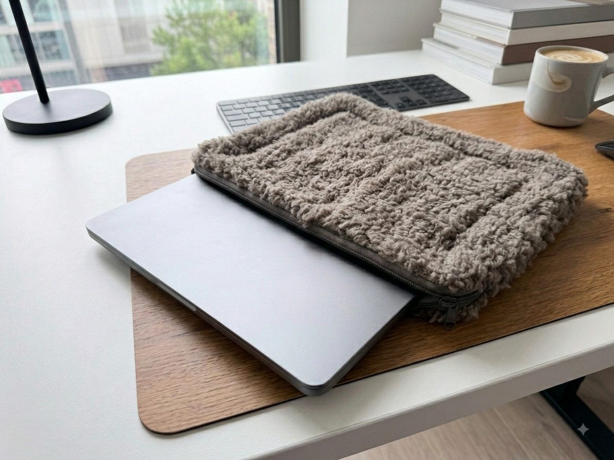 LIRA Deko Laptoptasche Hülle aus 100% Schafwolle,nachhaltiges Schutz-Sleeve, handmade, Made in Holland, optimale Passform bis 16 Zoll, Farbe: taupe